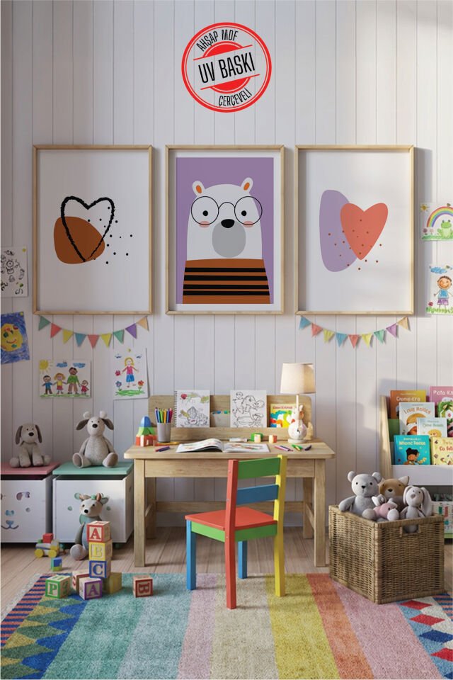 UV Baskılı Çocuk Odası 3'lü Ahşap MDF Tablo Seti - V21 Ahşap - 50x70 cm