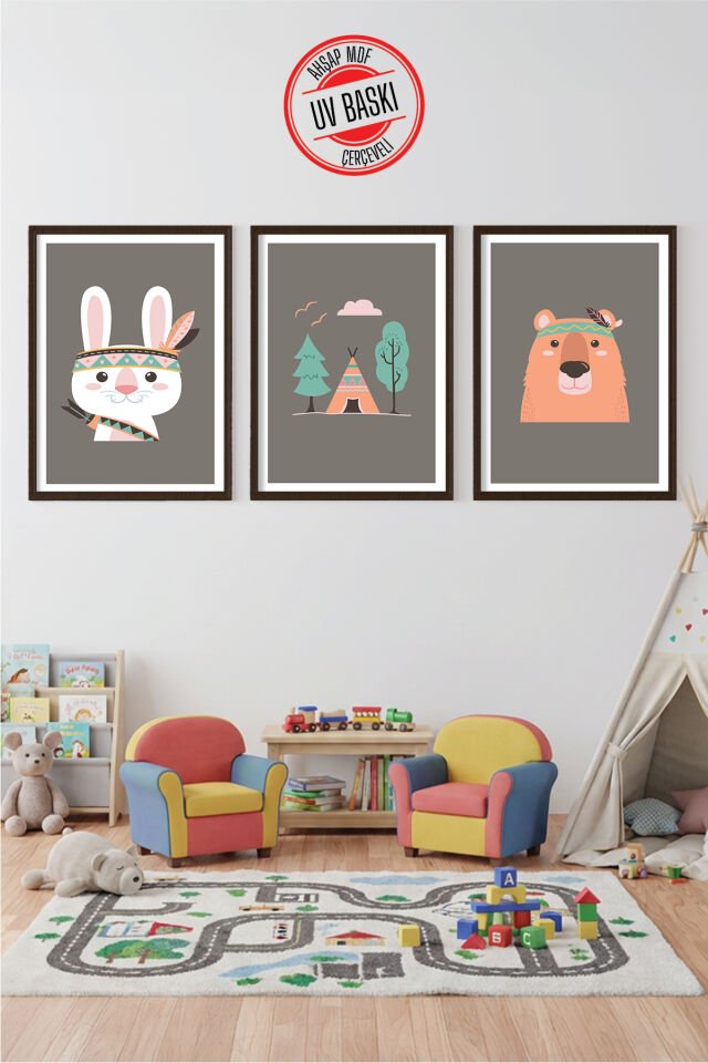 UV Baskılı Çocuk Odası 3'lü Ahşap MDF Tablo Seti - V22 Ahşap - 35x50 cm