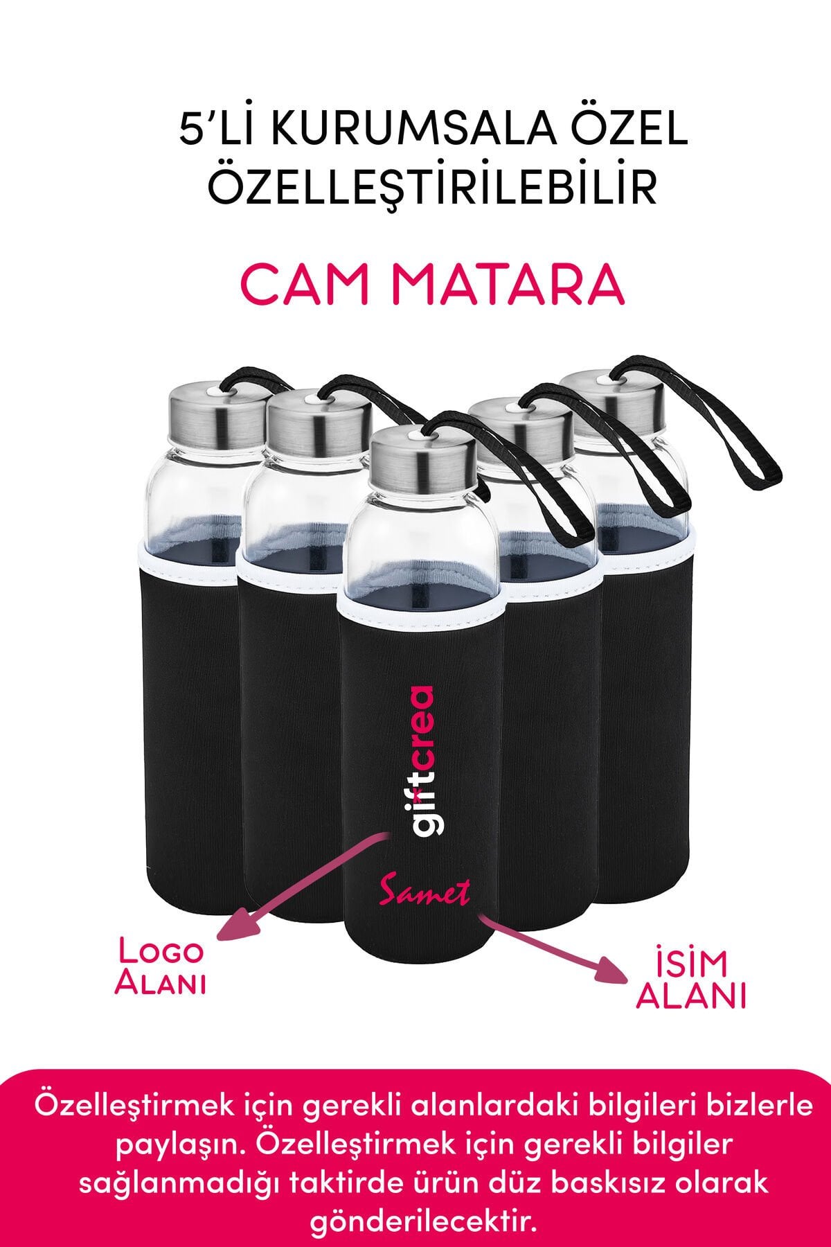 Kurumsala Özel Kılıflı Cam Matara , Özelleştirilebilir 5li Kılıflı Cam Matara 470 ML Borosilikat