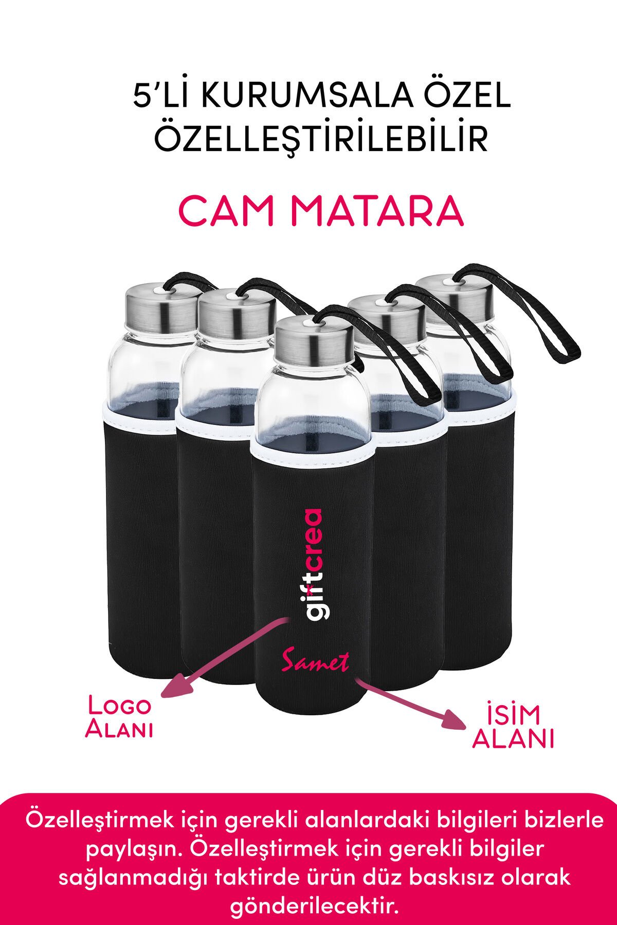 Kurumsala Özel Kılıflı Cam Matara , Özelleştirilebilir 5li Kılıflı Cam Matara 470 ML Borosilikat