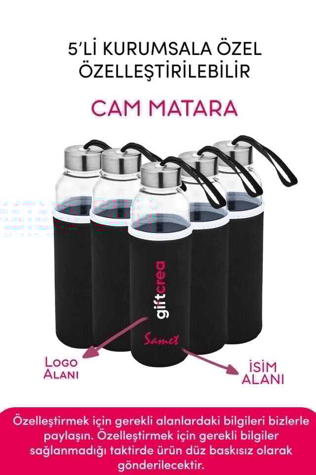 Kurumsala Özel Kılıflı Cam Matara , Özelleştirilebilir 5li Kılıflı Cam Matara 470 ML Borosilikat