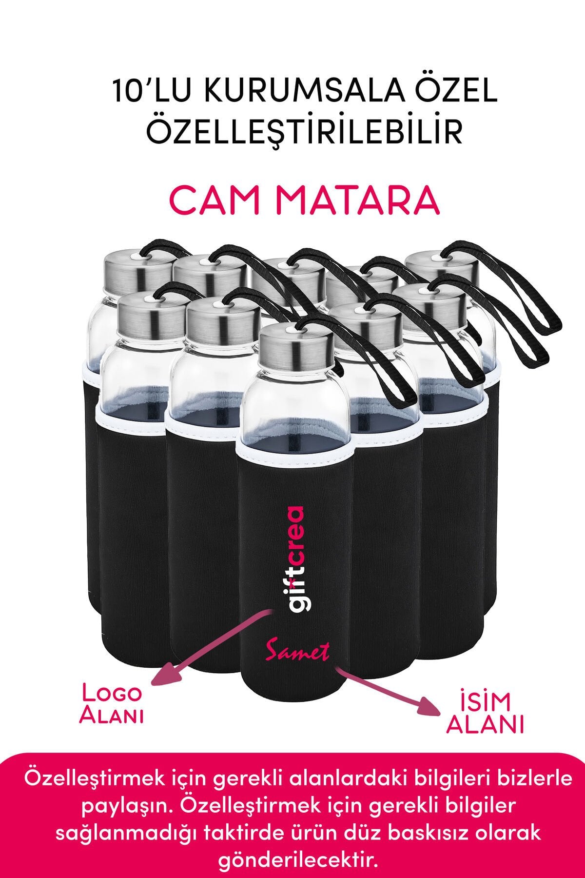 Kurumsala Özel Kılıflı Cam Matara , Özelleştirilebilir 10lu Kılıflı Cam Matara 470 ML Borosilikat