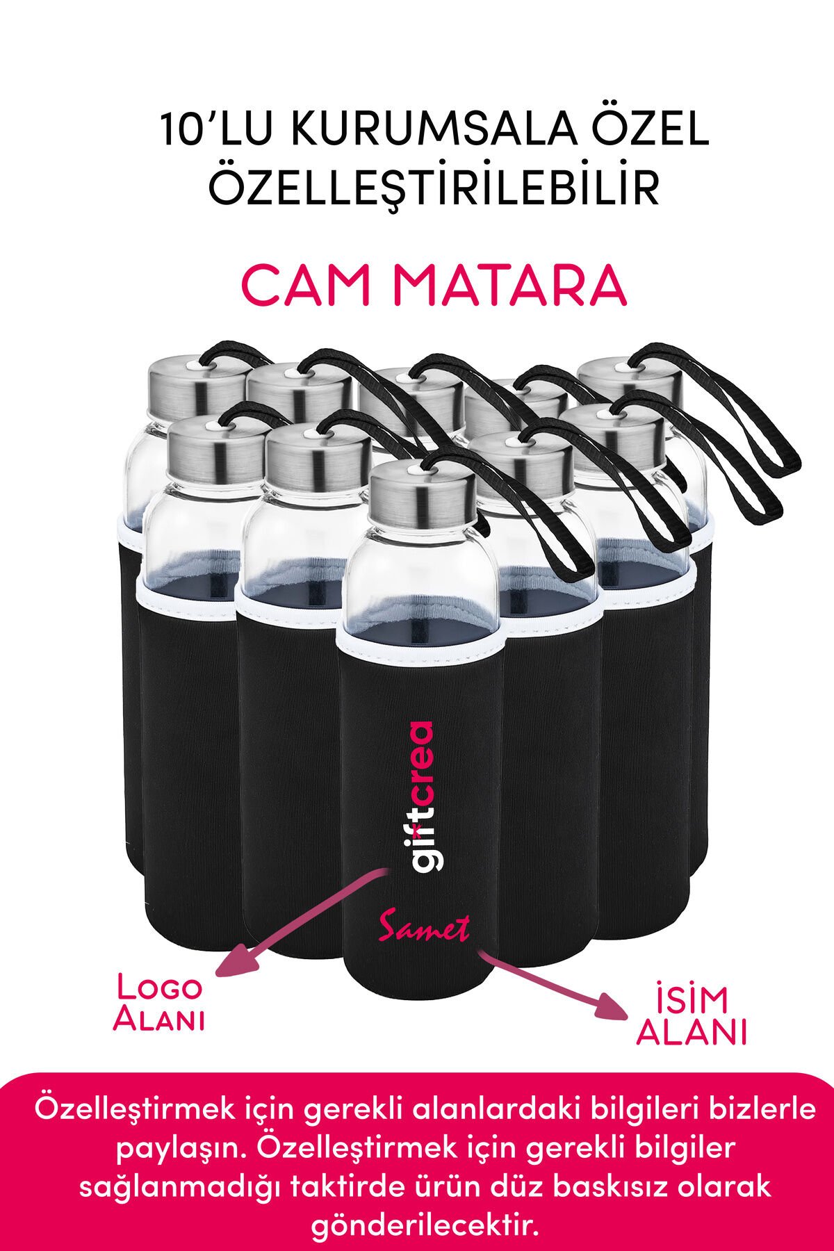 Kurumsala Özel Kılıflı Cam Matara , Özelleştirilebilir 10lu Kılıflı Cam Matara 470 ML Borosilikat