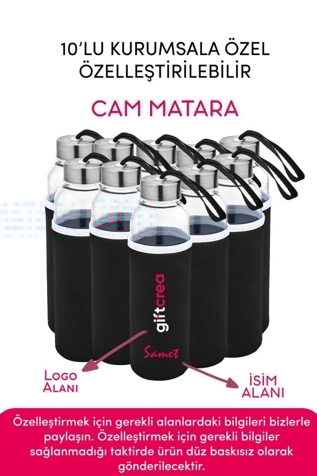 Kurumsala Özel Kılıflı Cam Matara , Özelleştirilebilir 10lu Kılıflı Cam Matara 470 ML Borosilikat