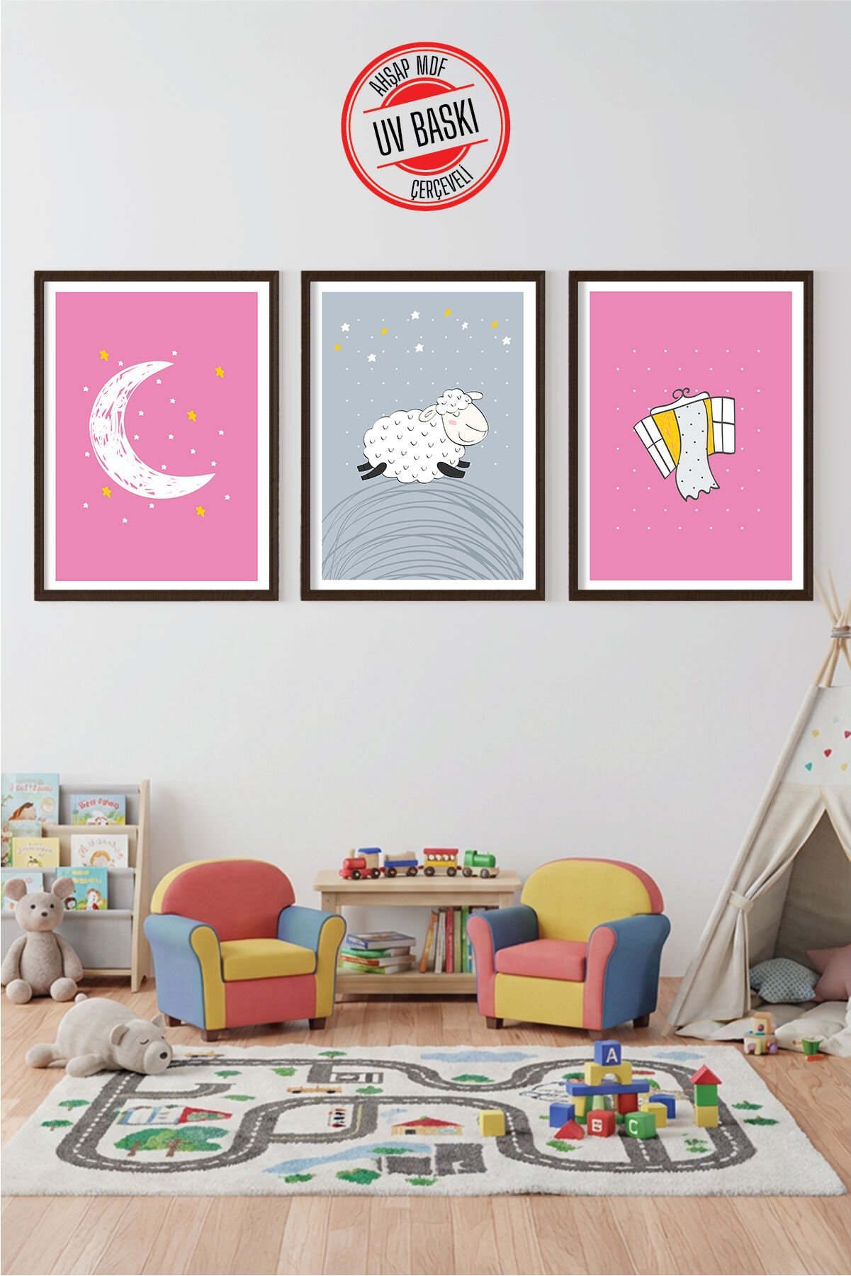 UV Baskılı Çocuk Odası 3'lü Ahşap MDF Tablo Seti - V23 50x70 cm - Siyah