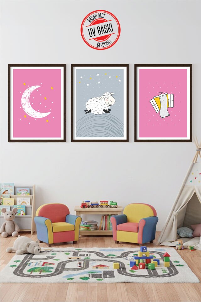 UV Baskılı Çocuk Odası 3'lü Ahşap MDF Tablo Seti - V23 50x70 cm - Siyah