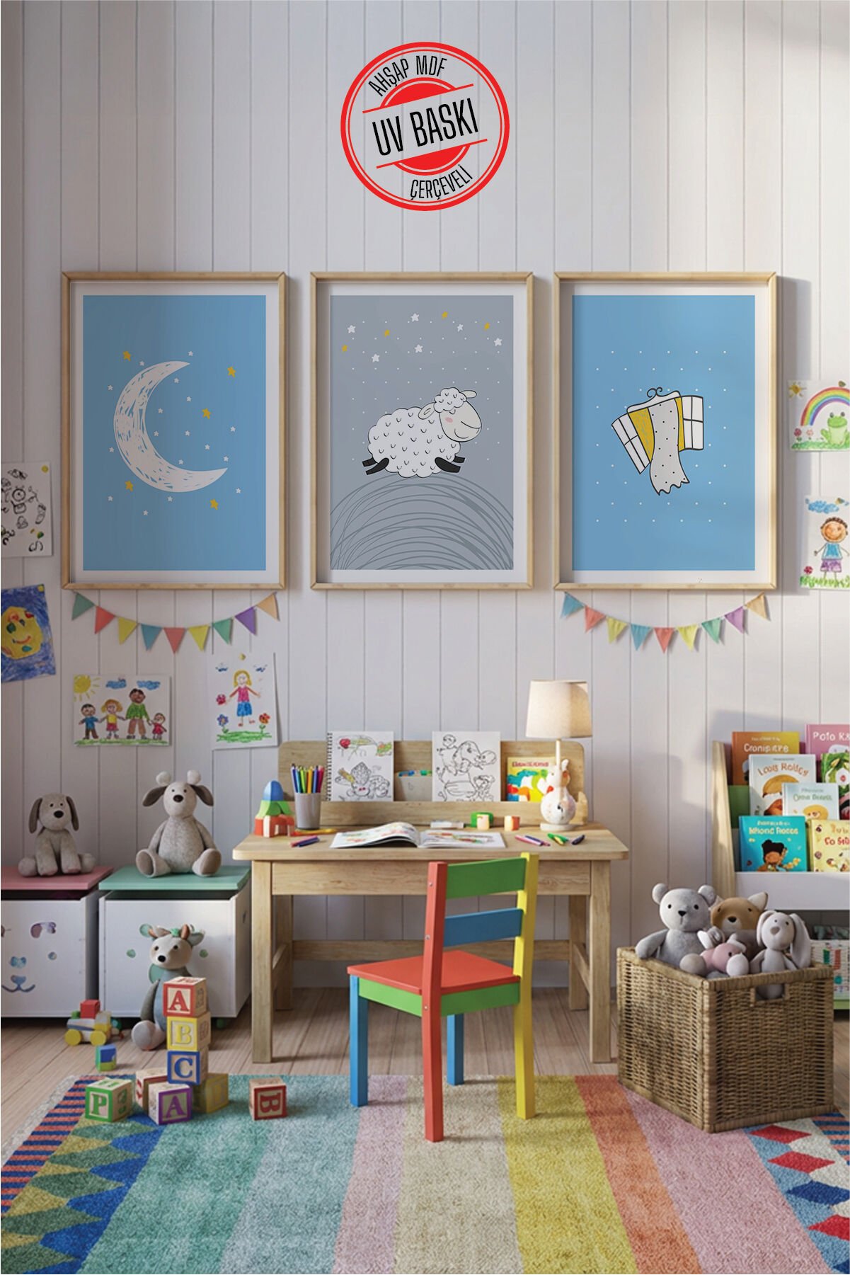 UV Baskılı Çocuk Odası 3'lü Ahşap MDF Tablo Seti - V23 Ahşap - 50x70 cm