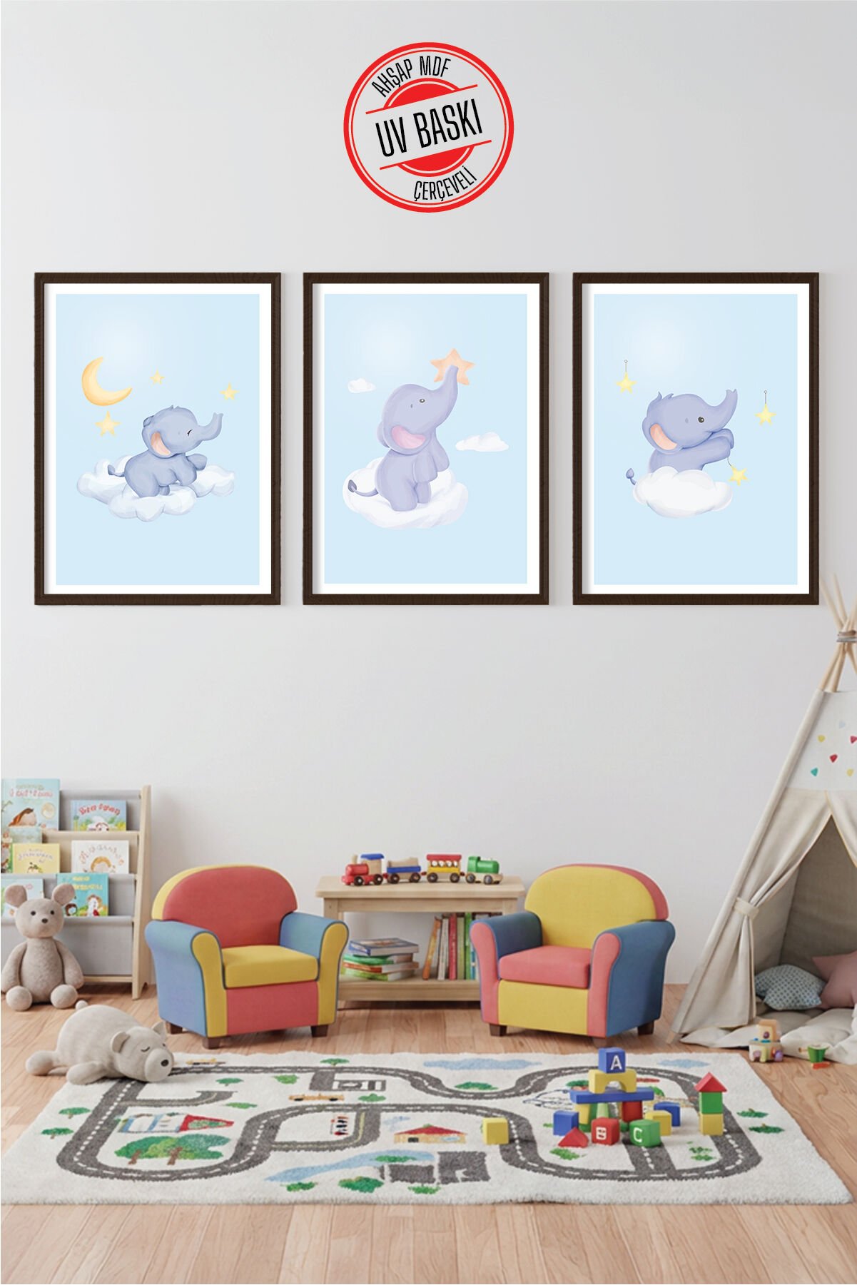 UV Baskılı Çocuk Odası 3'lü Ahşap MDF Tablo Seti - V24 Siyah - 35x50 cm