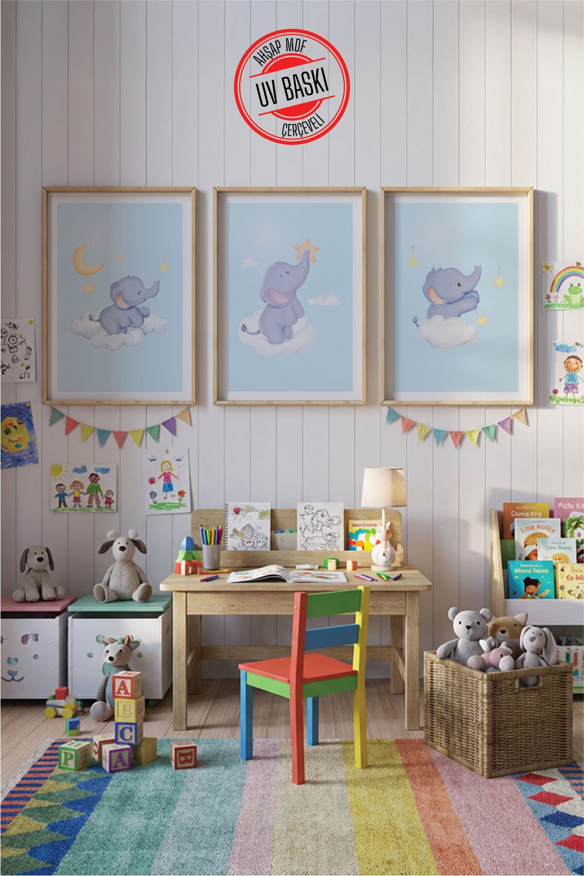 UV Baskılı Çocuk Odası 3'lü Ahşap MDF Tablo Seti - V24 Ahşap - 50x70 cm
