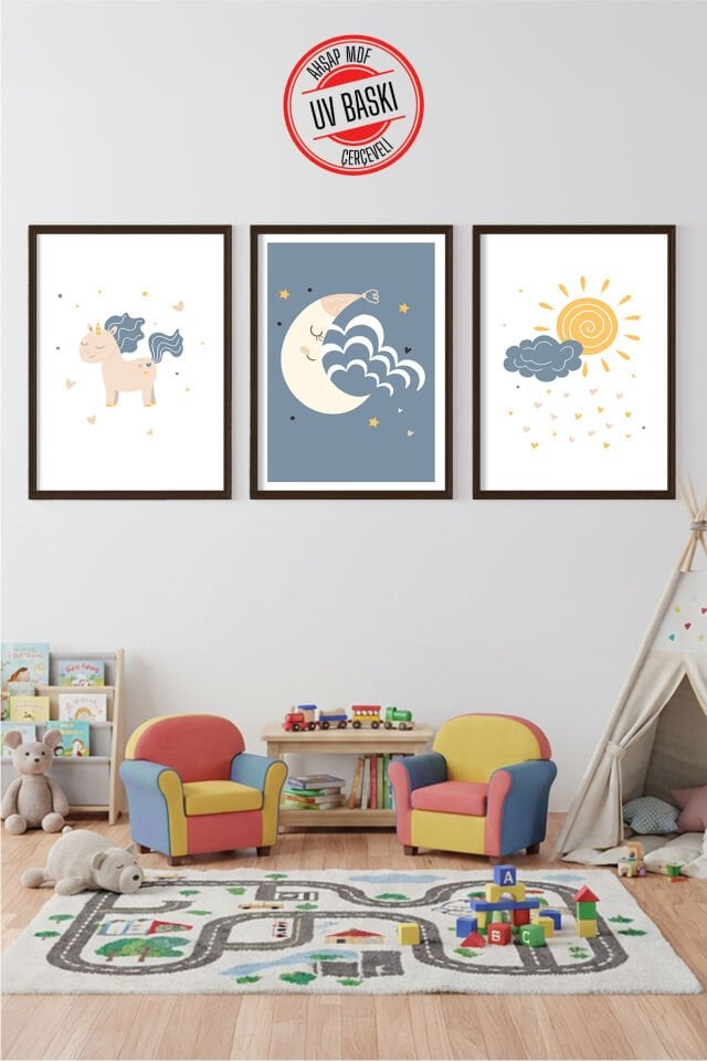UV Baskılı Çocuk Odası 3'lü Ahşap MDF Tablo Seti - V25 50x70 cm - Siyah