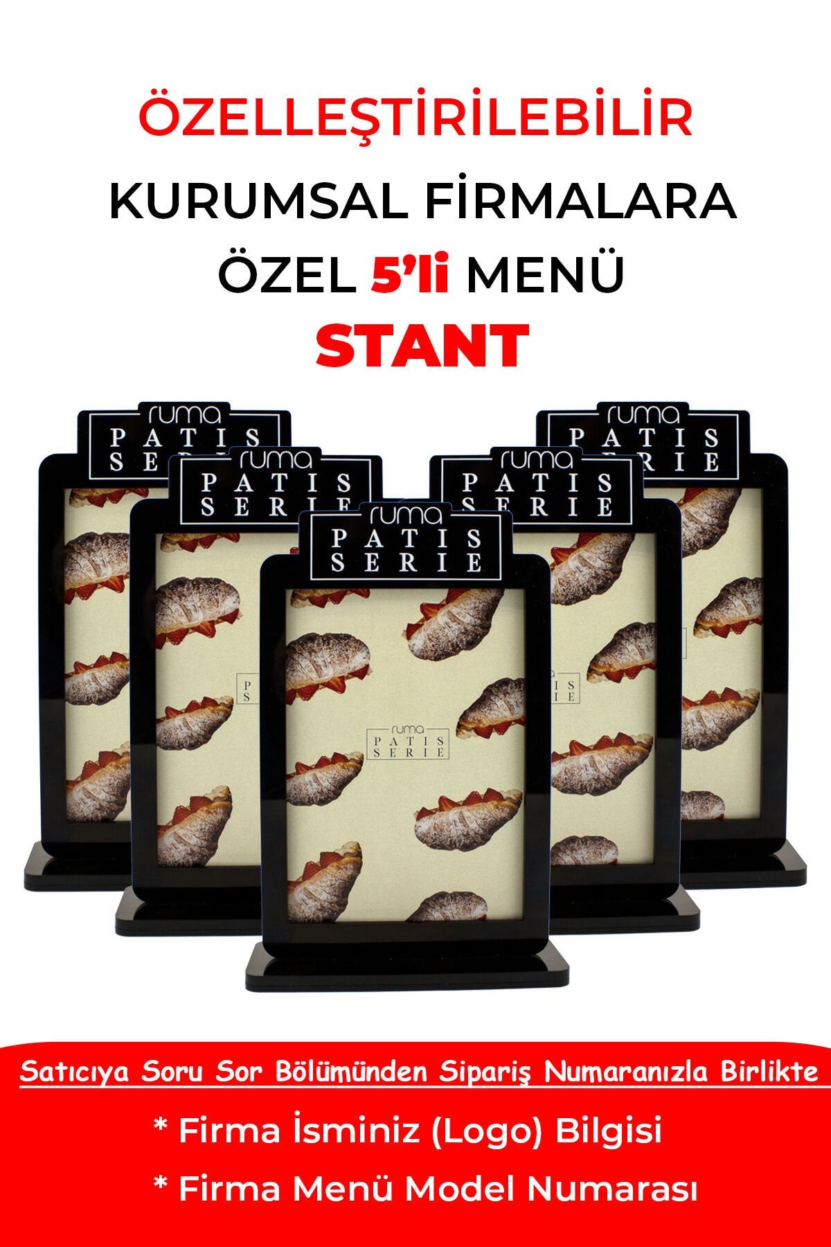 Özelleştirilebilir Çift Taraflı Pleksi Masa Üstü Menü Standı – Kurumsal Firmalara Özel 5'li Set