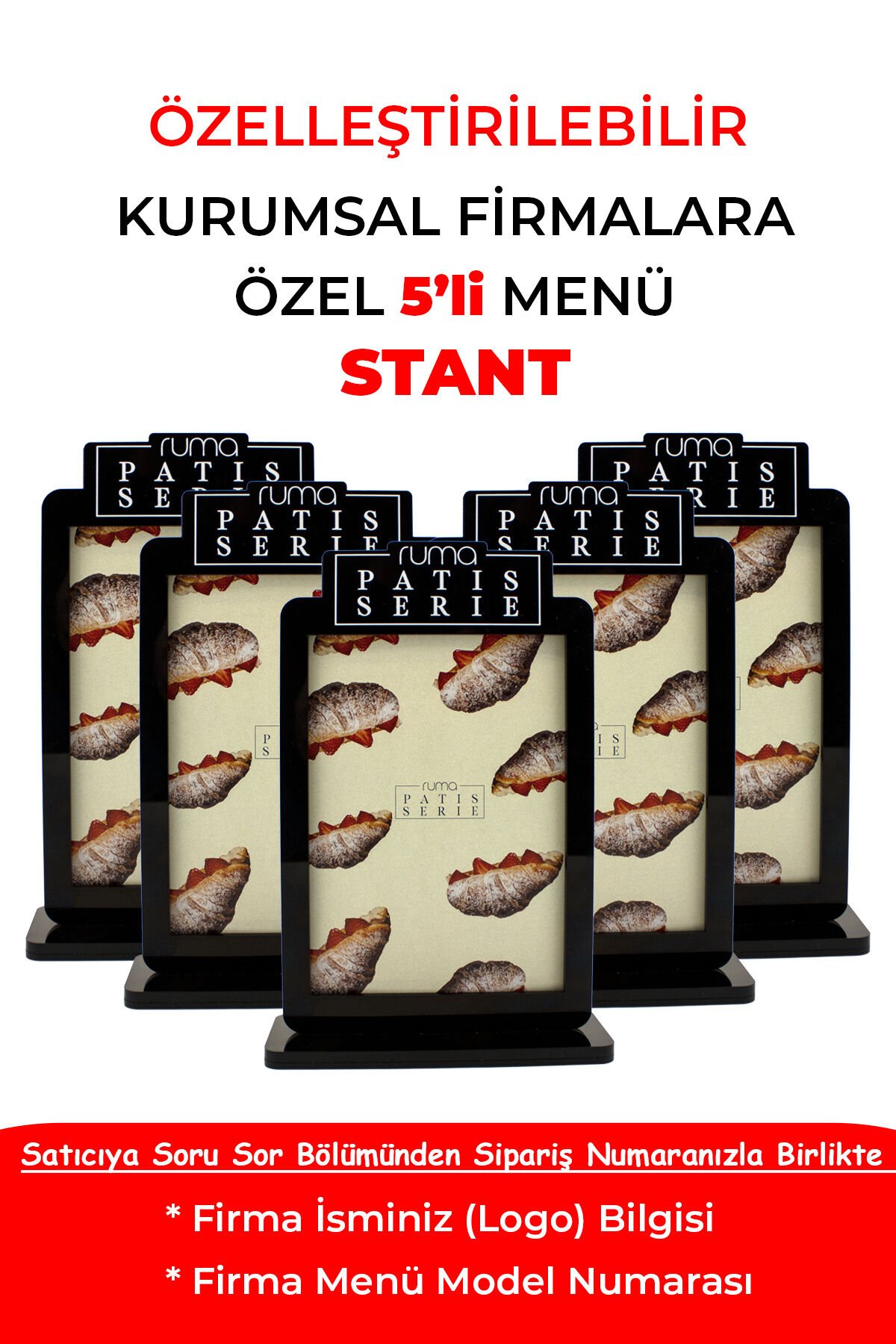 Özelleştirilebilir Çift Taraflı Pleksi Masa Üstü Menü Standı – Kurumsal Firmalara Özel 5'li Set