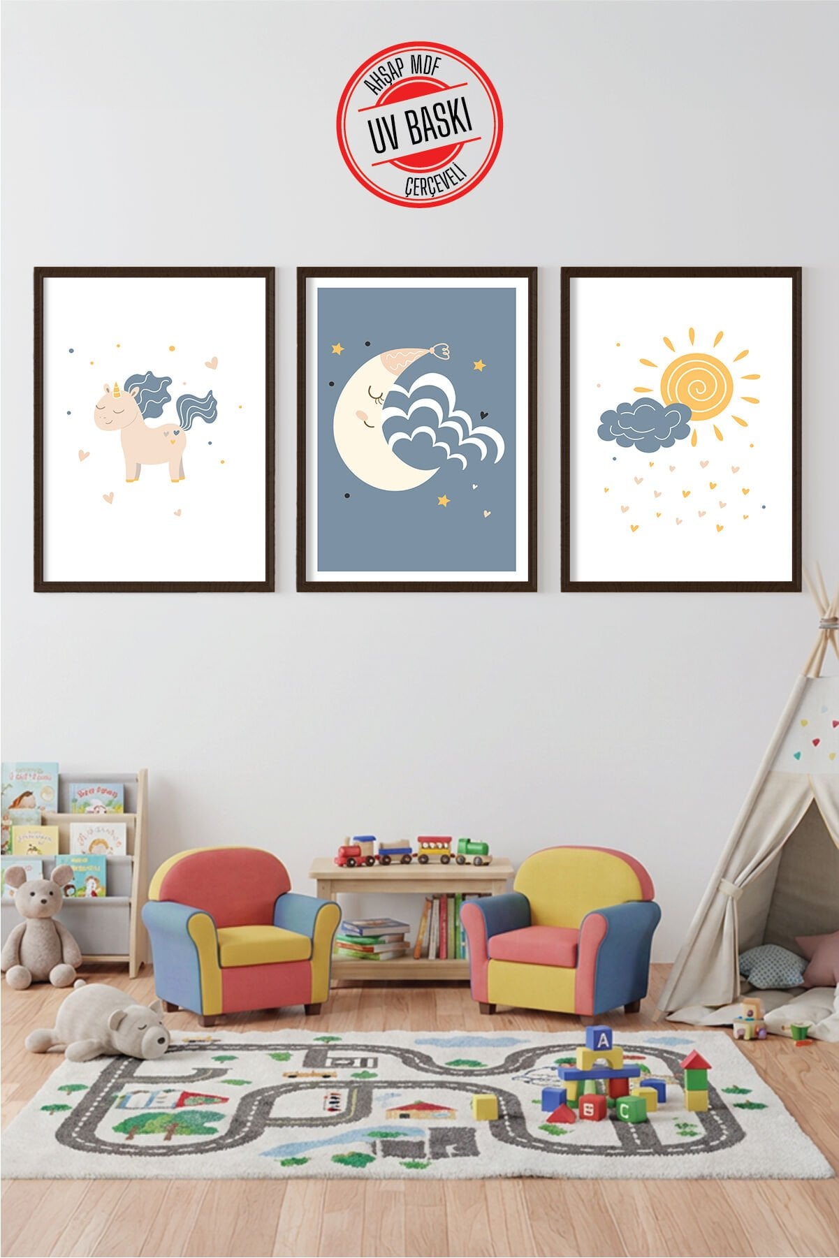 UV Baskılı Çocuk Odası 3'lü Ahşap MDF Tablo Seti - V25 Siyah - 35x50 cm