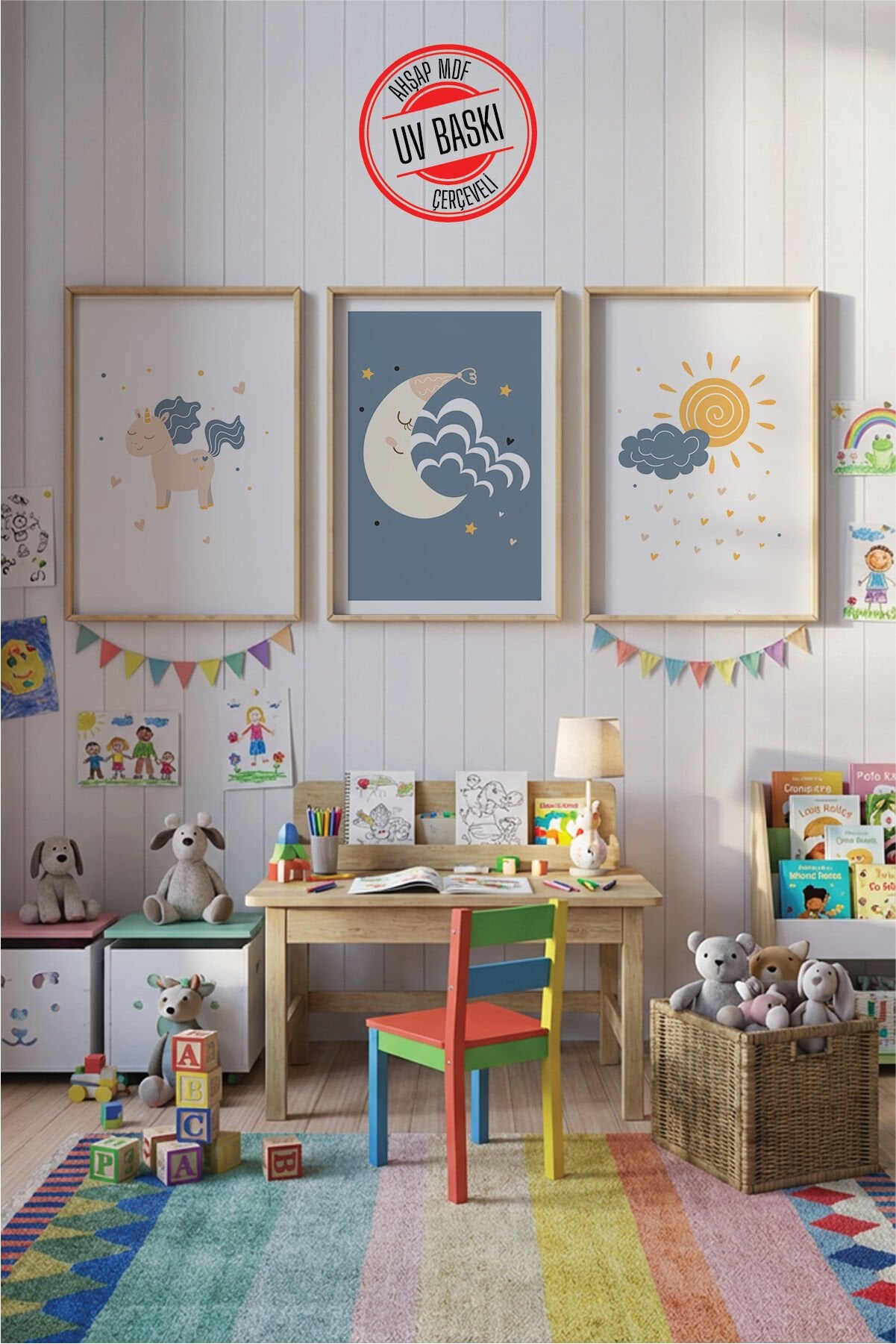 UV Baskılı Çocuk Odası 3'lü Ahşap MDF Tablo Seti - V25 Ahşap - 35x50 cm