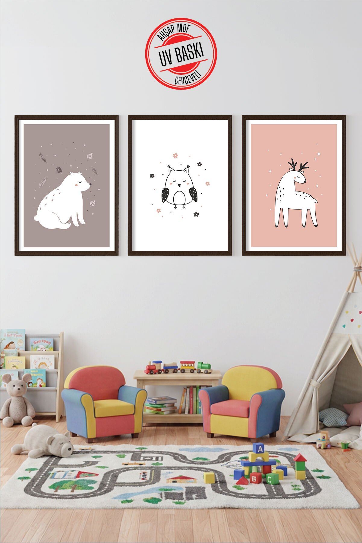 UV Baskılı Çocuk Odası 3'lü Ahşap MDF Tablo Seti - V26 Siyah - 35x50 cm