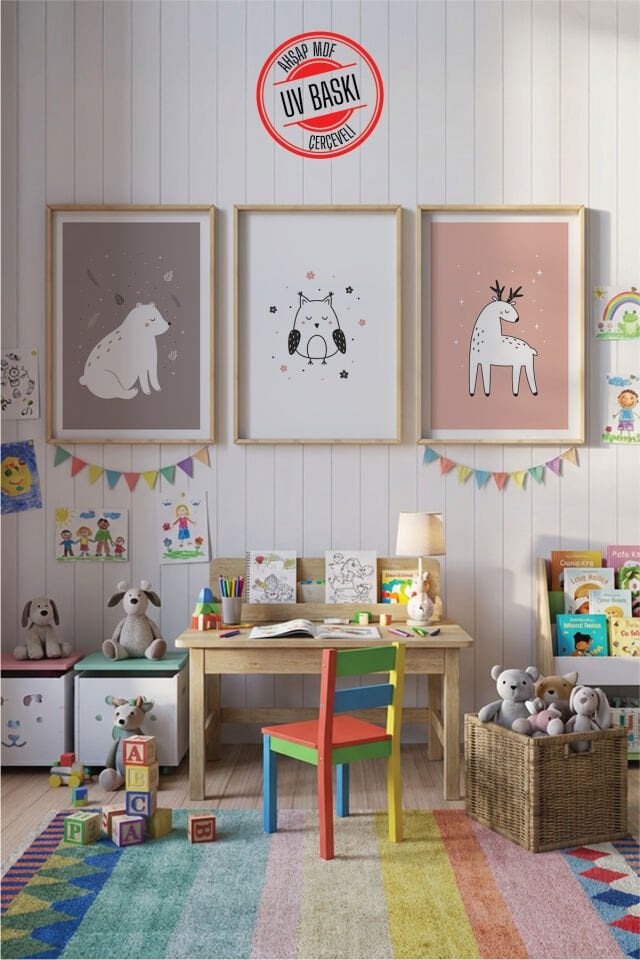 UV Baskılı Çocuk Odası 3'lü Ahşap MDF Tablo Seti - V26 Ahşap - 35x50 cm