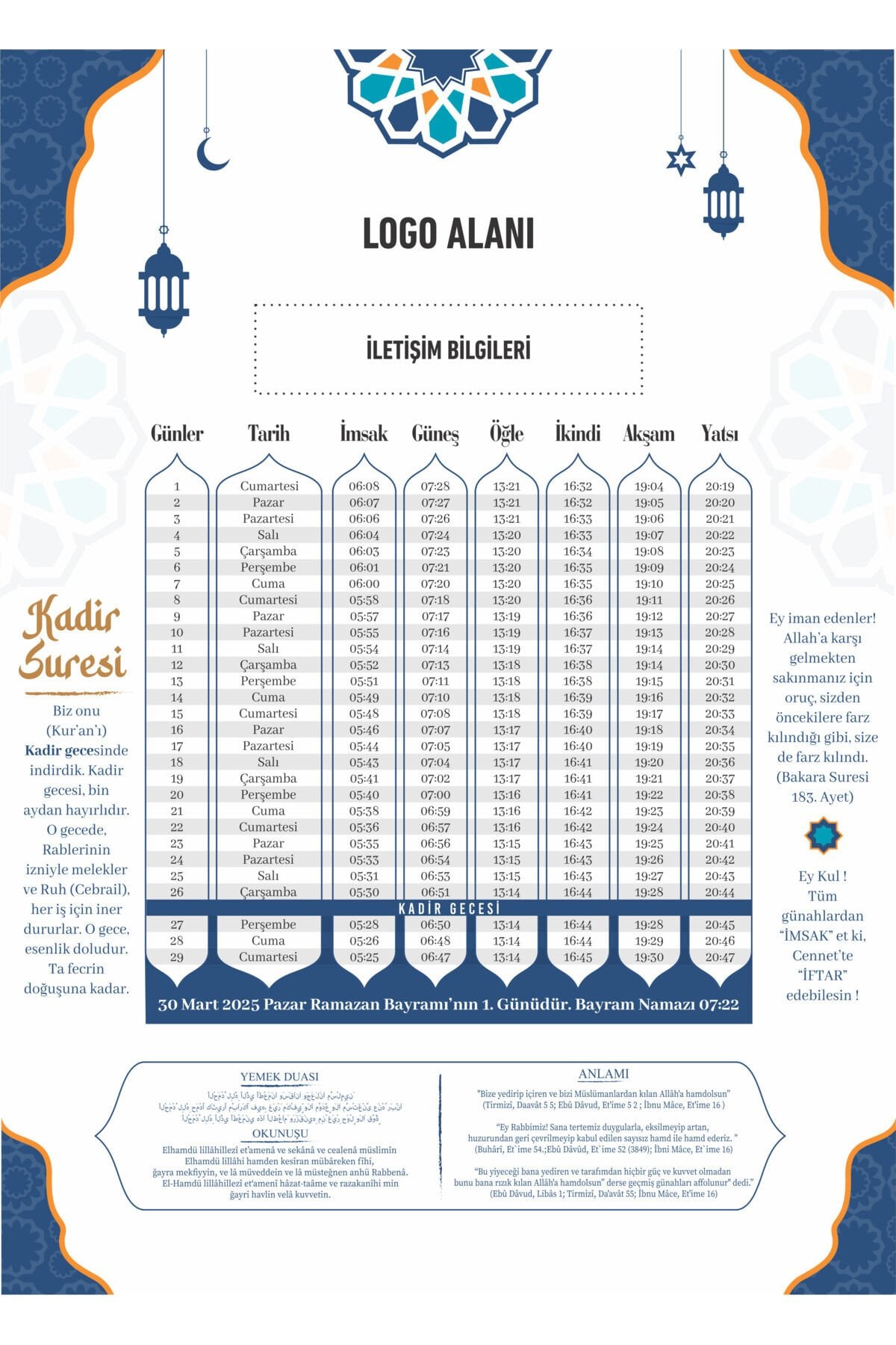 Özelleştirilebilir Ramazan İmsakiyesi 2026 ,Kurumsala Özel Dijital Baskılı Ramazan İmsakiyesi 100 Adet