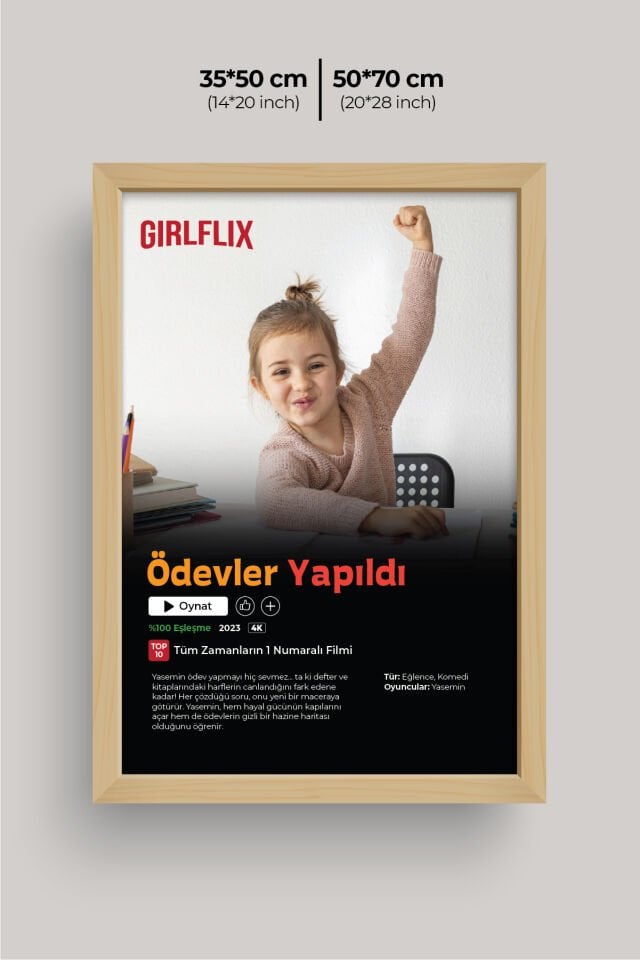 Kişiye Özel Film Posteri Ahşap Tablo | Girlflix - Boyflix UV Baskı Çerçeveli 50x70 cm - Kız - Ahşap