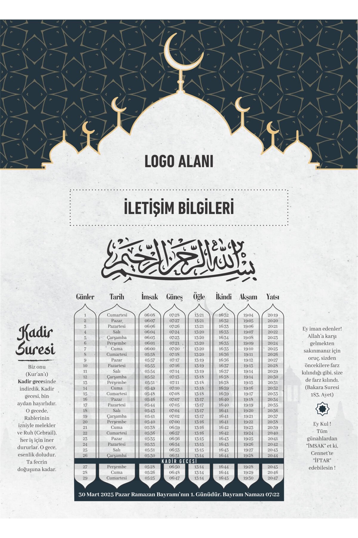 Ramazan İmsakiyesi 2026, Kişiselleştirilebilir Kurumsal İmsakiye Dijital Baskılı 100 Adet