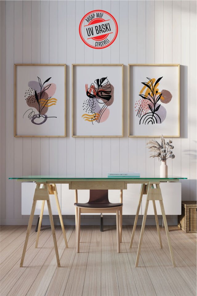 Dekoratif 3’lü  Ahşap Tablo Seti | UV Baskı Çerçeveli Duvar Tablosu V2 50x70 cm - Siyah