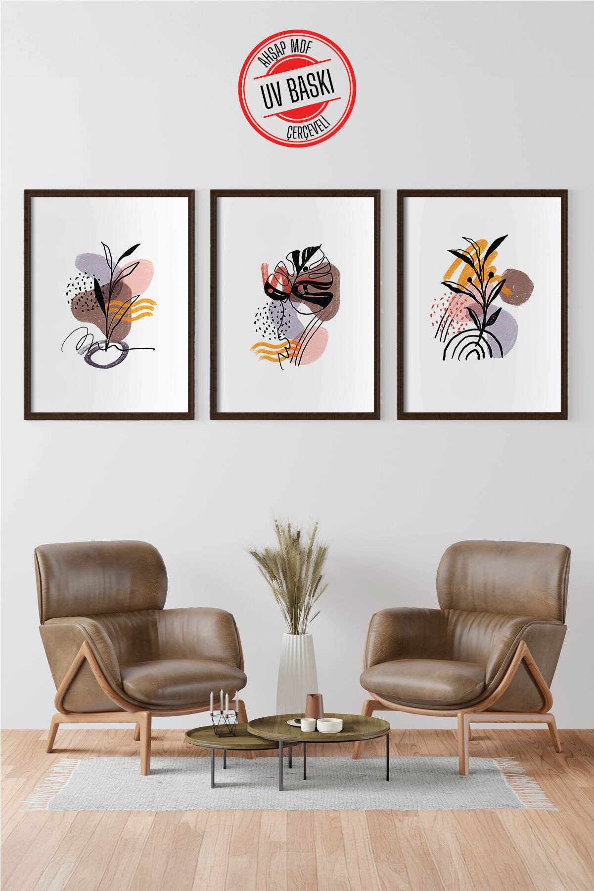 Dekoratif 3’lü  Ahşap Tablo Seti | UV Baskı Çerçeveli Duvar Tablosu V2 35x50 cm - Siyah