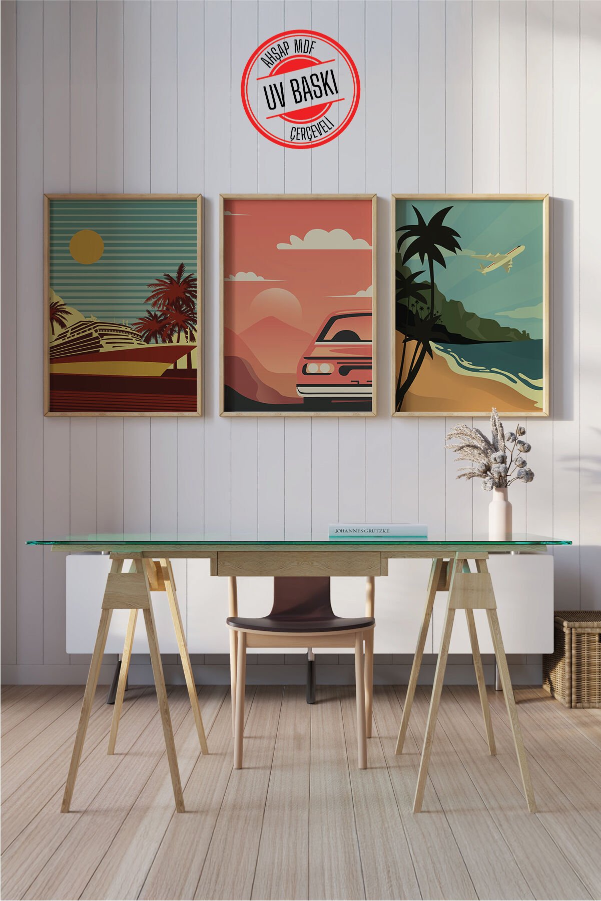 Dekoratif 3’lü  Ahşap Tablo Seti | UV Baskı Çerçeveli Duvar Tablosu V1 35x50 cm - Ahşap