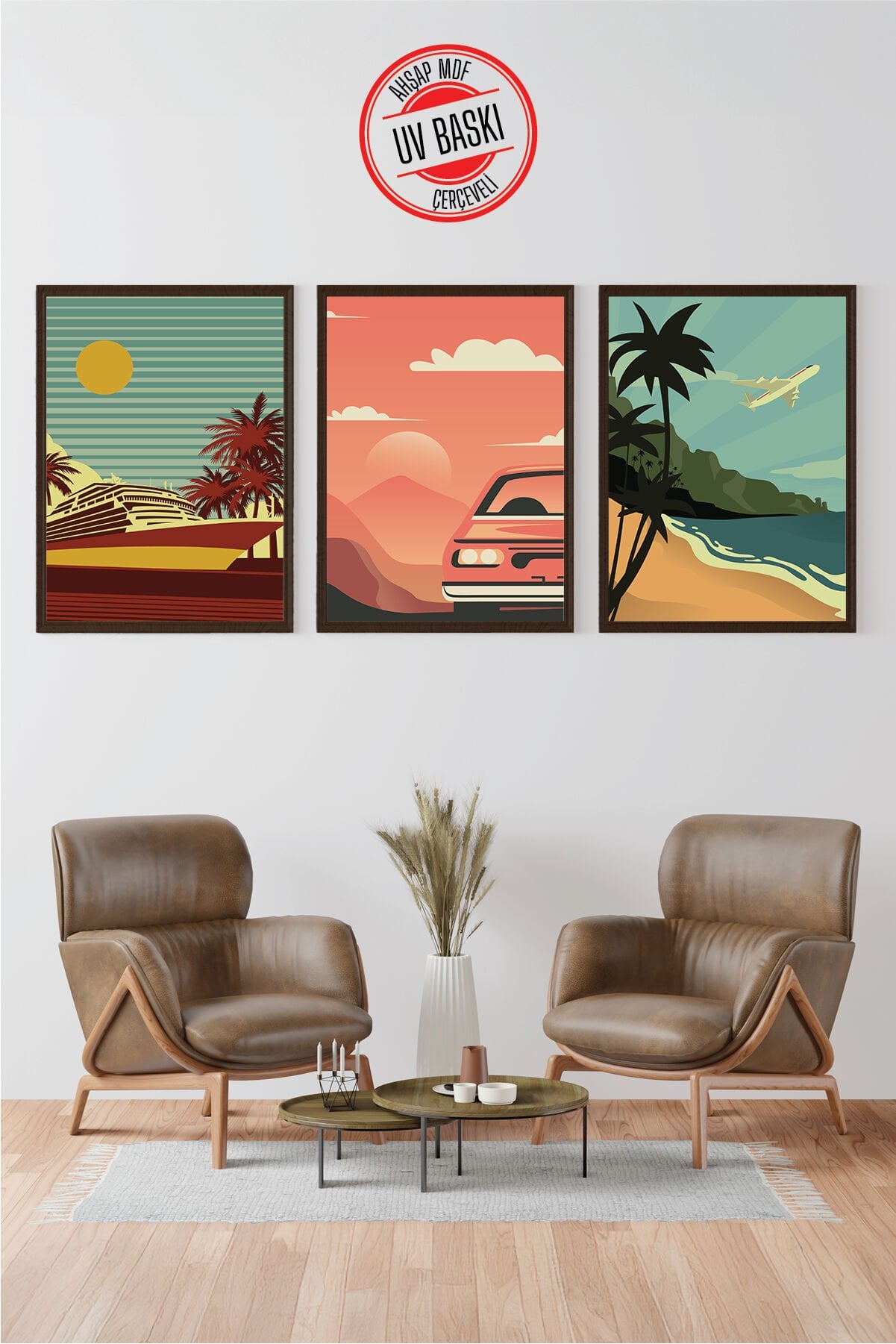 Dekoratif 3’lü  Ahşap Tablo Seti | UV Baskı Çerçeveli Duvar Tablosu V1 35x50 cm - Siyah