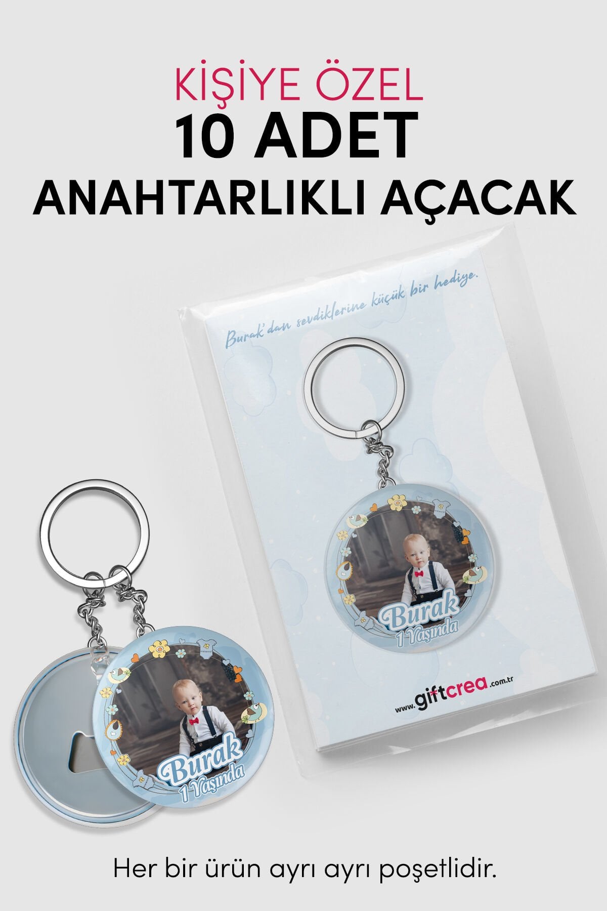 Yeni Doğan Erkek Bebek İçin Hoş Geldin Anahtarlık Yuvarlak Açacaklı Fotoğraf Baskılı 10 Adet