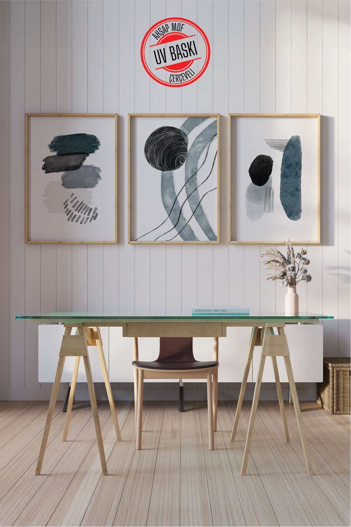 Dekoratif 3’lü  Ahşap Tablo Seti | UV Baskı Çerçeveli Duvar Tablosu V3 35x50 cm - Ahşap