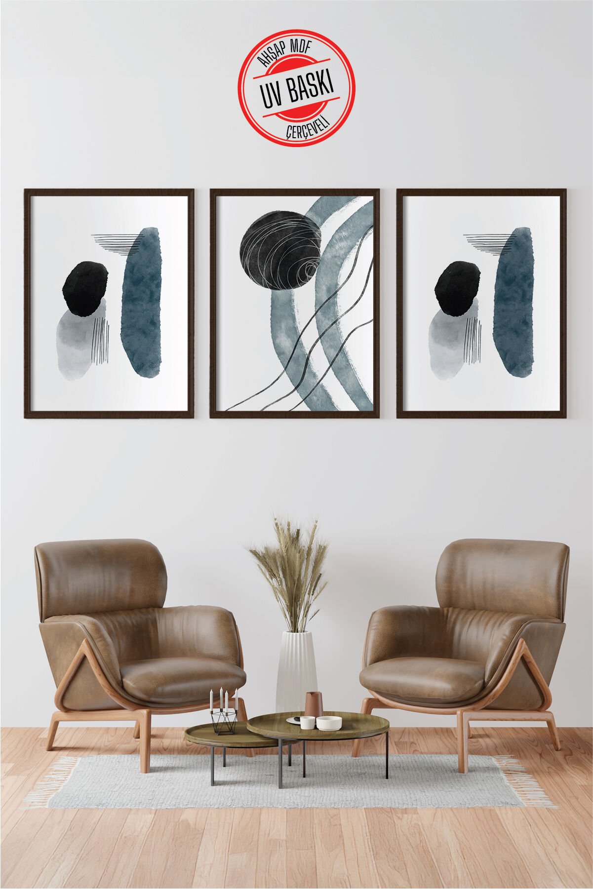Dekoratif 3’lü  Ahşap Tablo Seti | UV Baskı Çerçeveli Duvar Tablosu V3 35x50 cm - Siyah