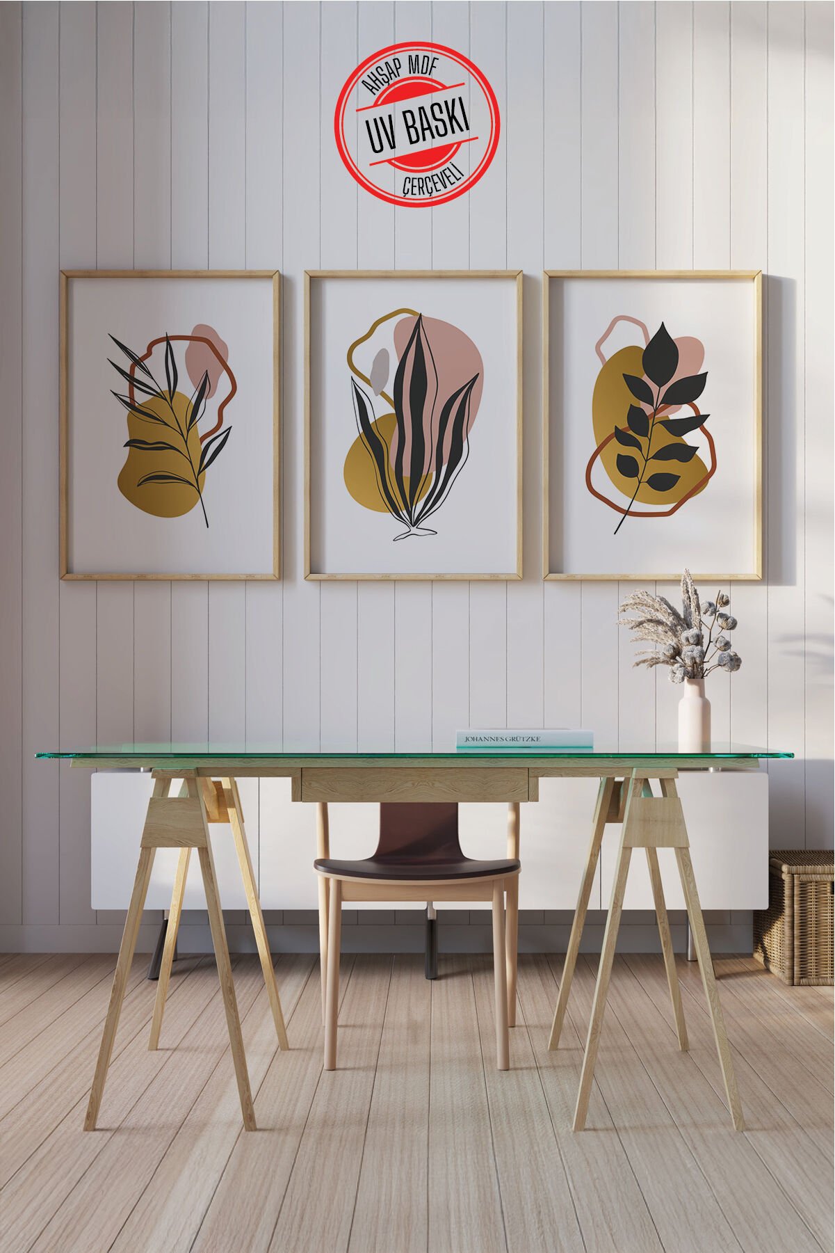 Dekoratif 3’lü  Ahşap Tablo Seti | UV Baskı Çerçeveli Duvar Tablosu V4 50x70 cm - Ahşap