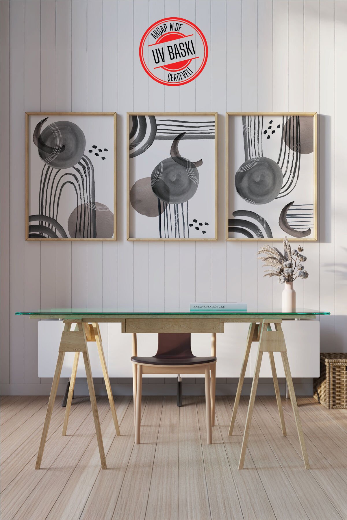 Dekoratif 3’lü  Ahşap Tablo Seti | UV Baskı Çerçeveli Duvar Tablosu V5 35x50 cm - Ahşap