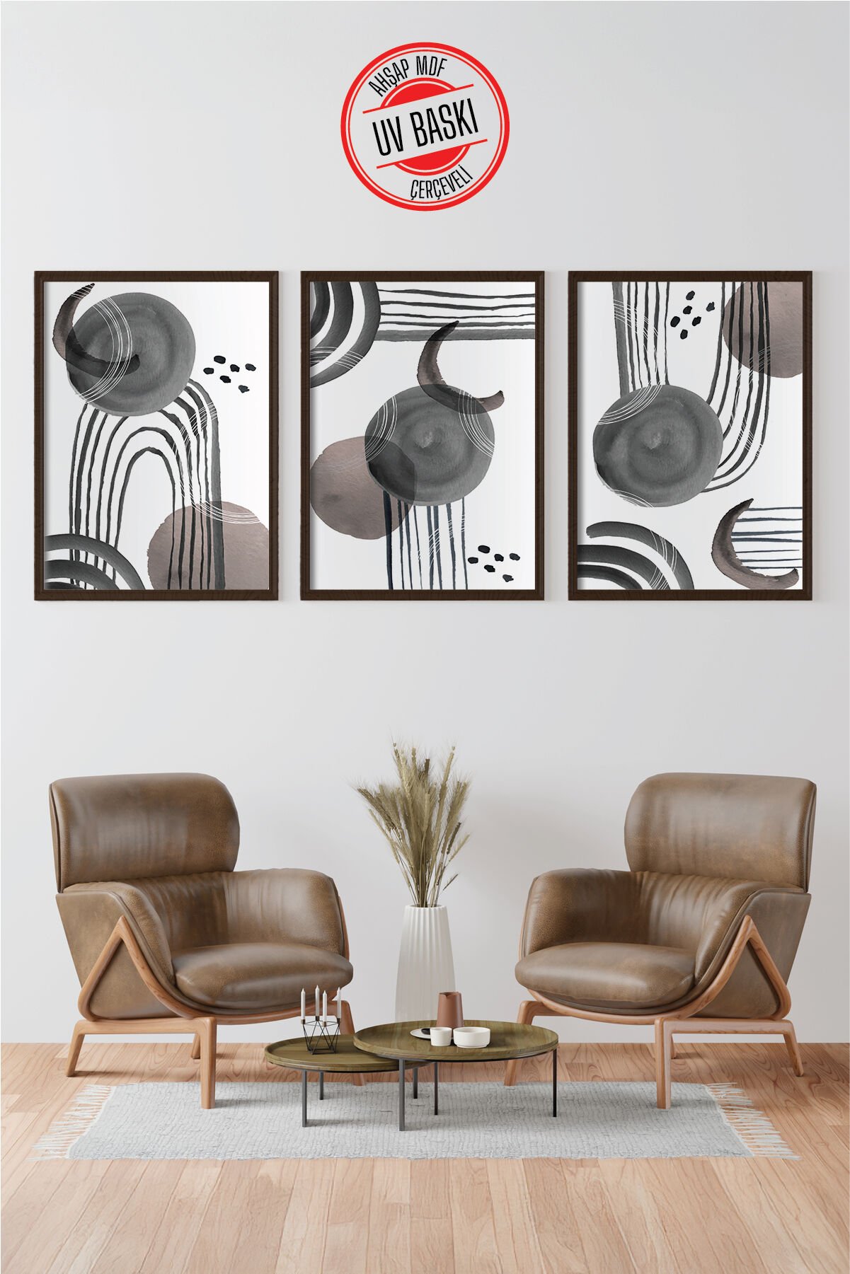 Dekoratif 3’lü  Ahşap Tablo Seti | UV Baskı Çerçeveli Duvar Tablosu V5 50x70 cm - Siyah