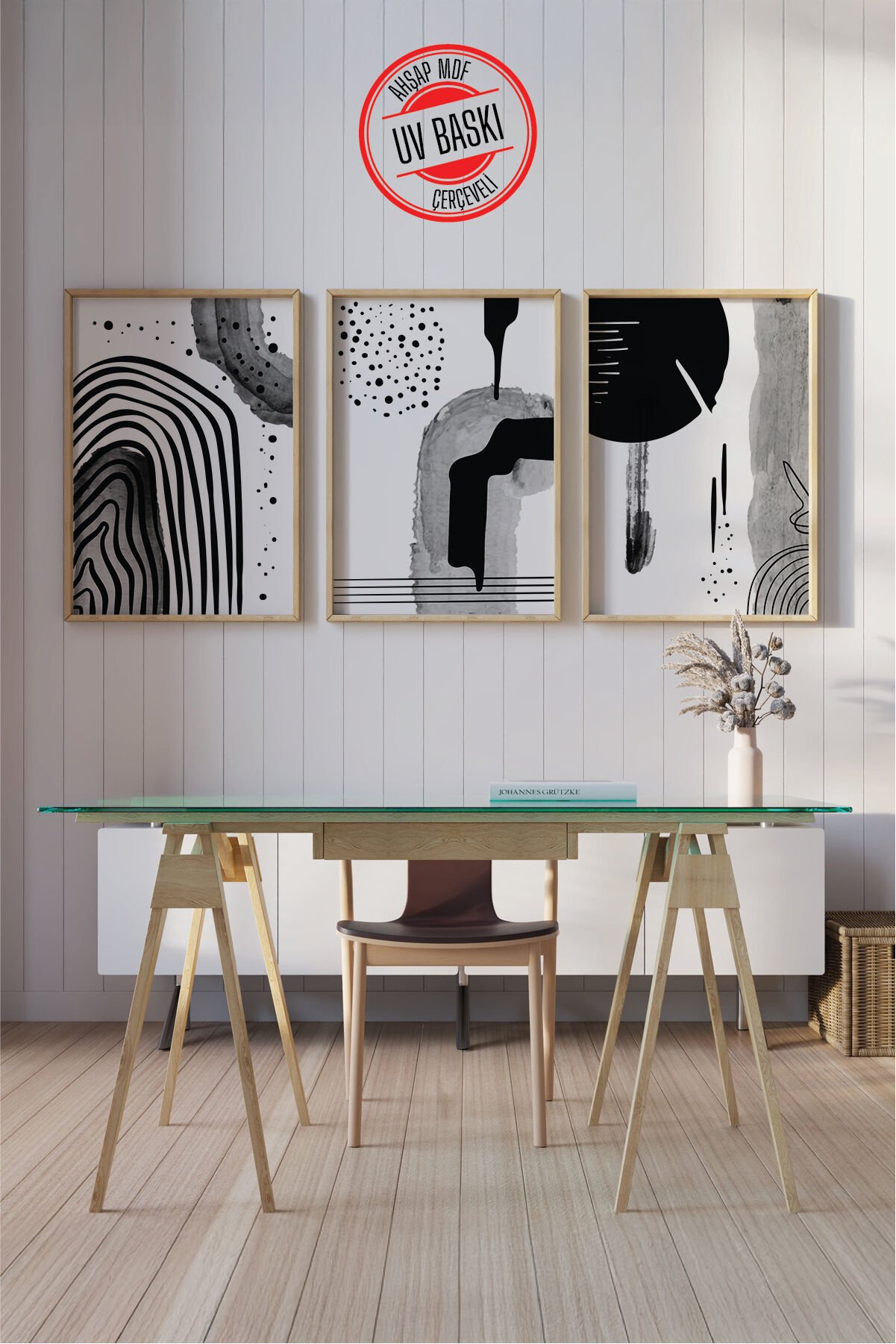 Dekoratif 3’lü  Ahşap Tablo Seti | UV Baskı Çerçeveli Duvar Tablosu V6 50x70 cm - Ahşap