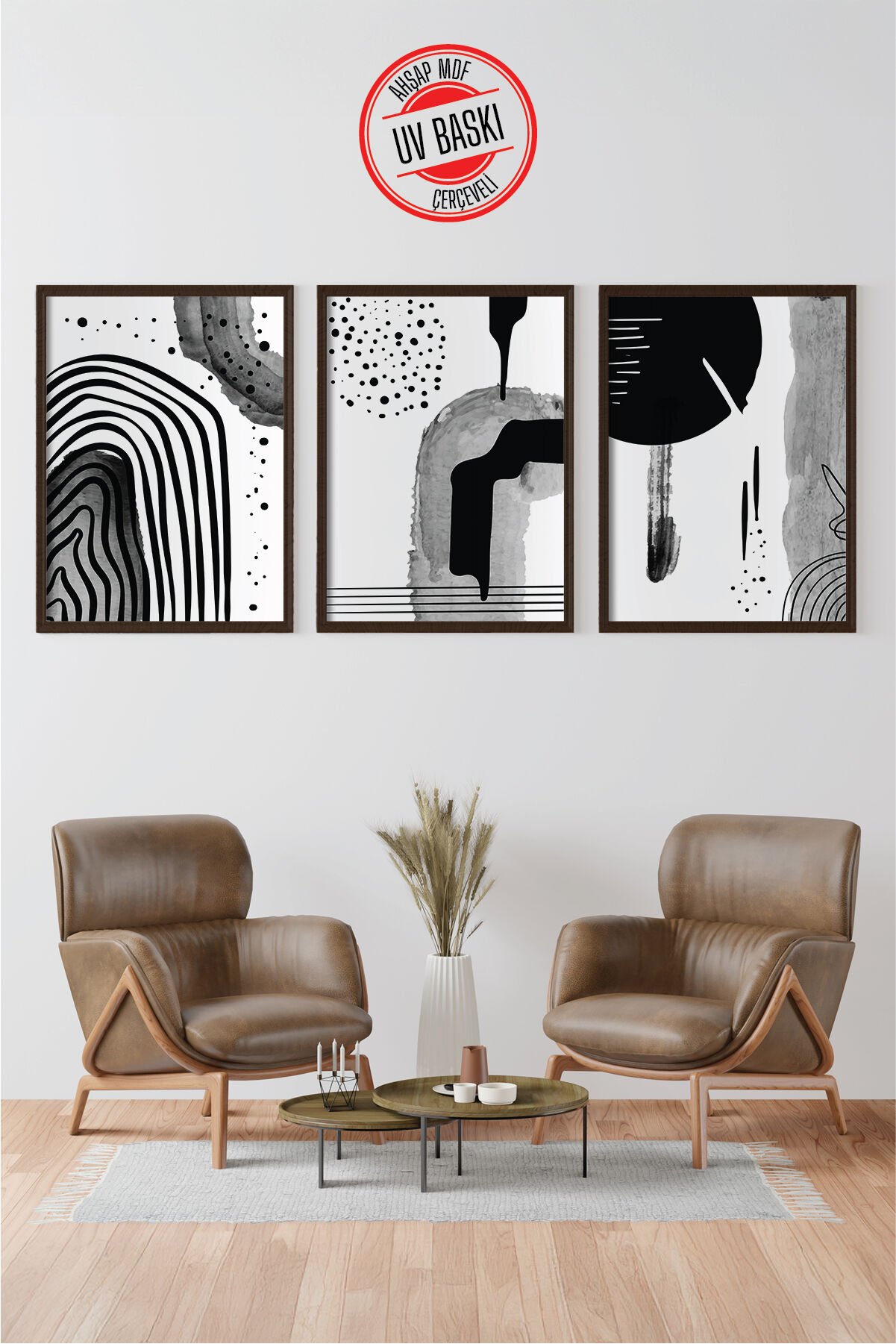 Dekoratif 3’lü  Ahşap Tablo Seti | UV Baskı Çerçeveli Duvar Tablosu V6 35x50 cm - Siyah
