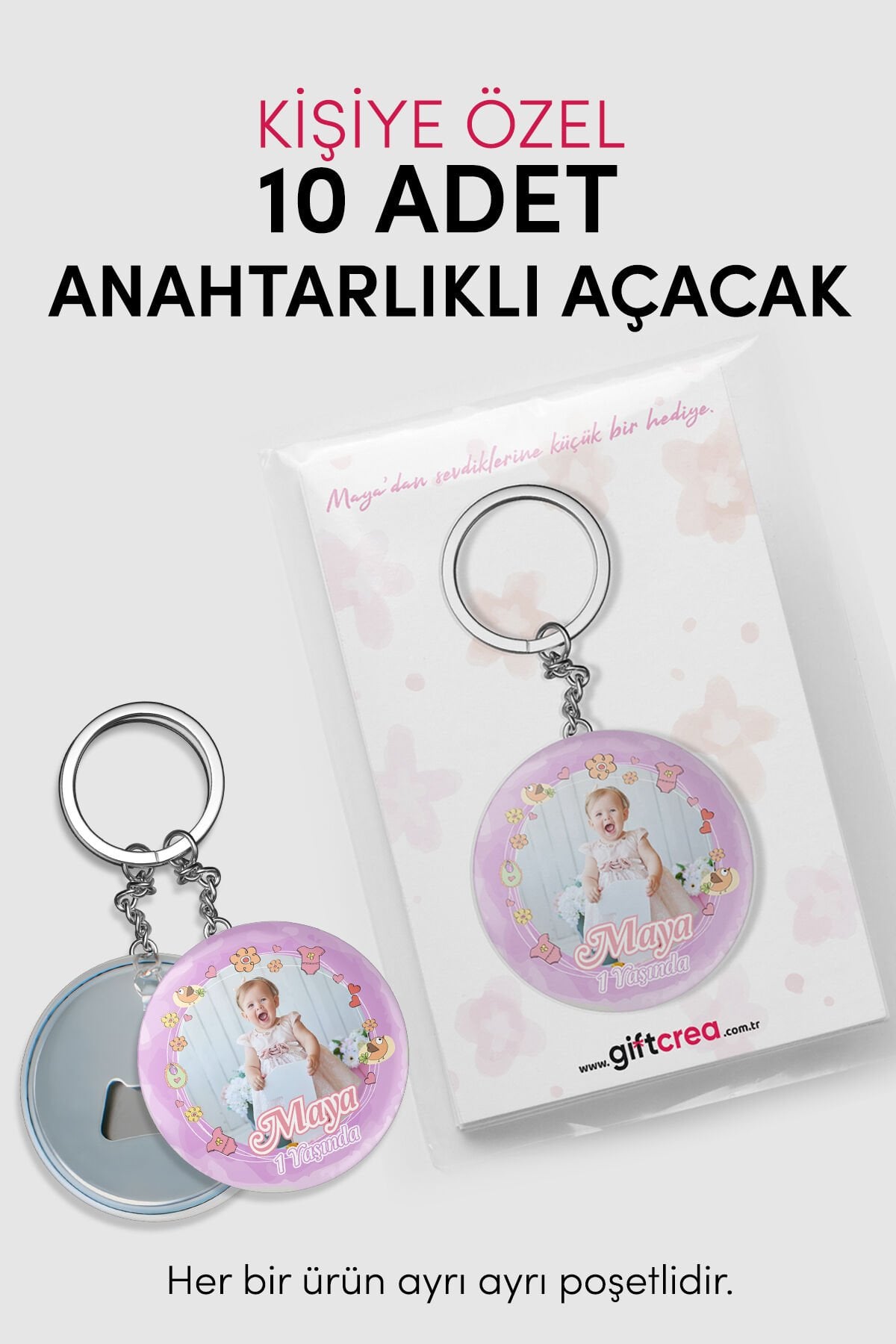 Yeni Doğan Kız Bebek İçin Hoş Geldin Anahtarlık Yuvarlak Açacaklı Fotoğraf Baskılı 10 Adet
