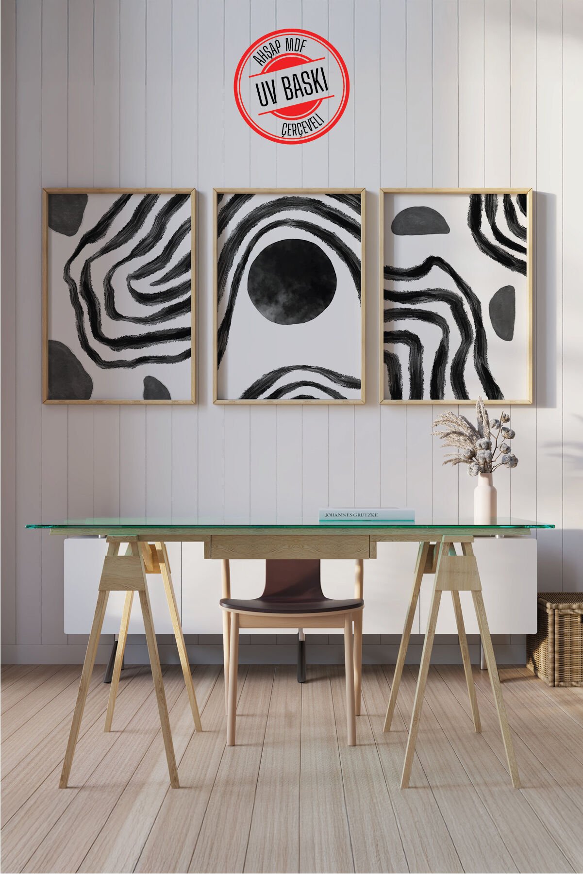 Dekoratif 3’lü  Ahşap Tablo Seti | UV Baskı Çerçeveli Duvar Tablosu V7 35x50 cm - Ahşap
