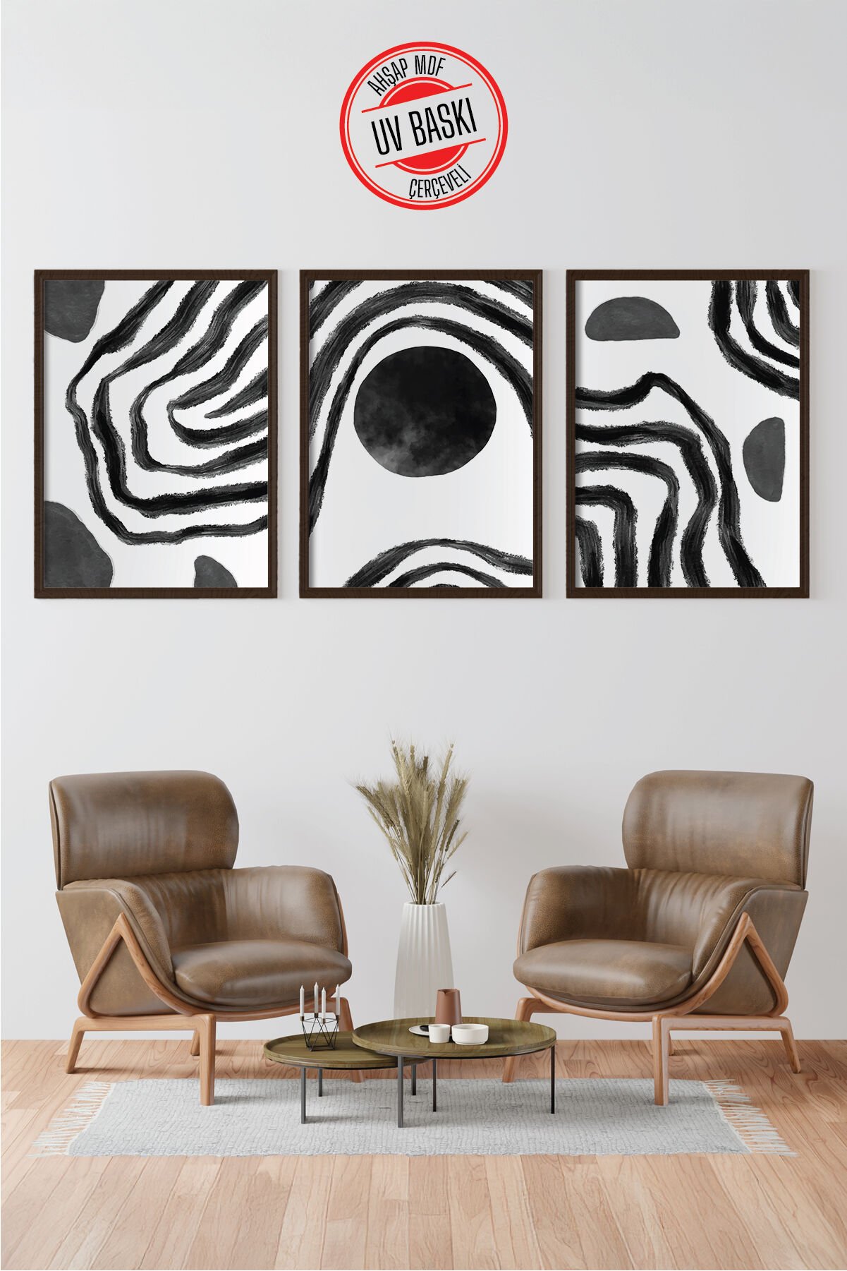Dekoratif 3’lü  Ahşap Tablo Seti | UV Baskı Çerçeveli Duvar Tablosu V7 35x50 cm - Siyah