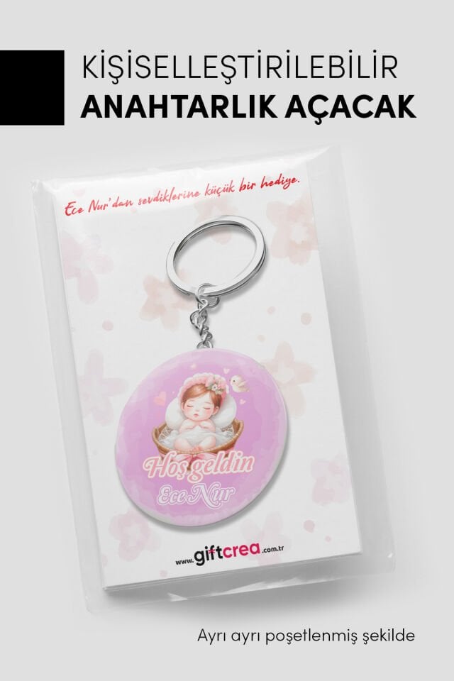 Yeni Doğan Kız Bebek İçin Hoş Geldin Anahtarlık Yuvarlak Açacaklı Tasarım Modelli 10 Adet