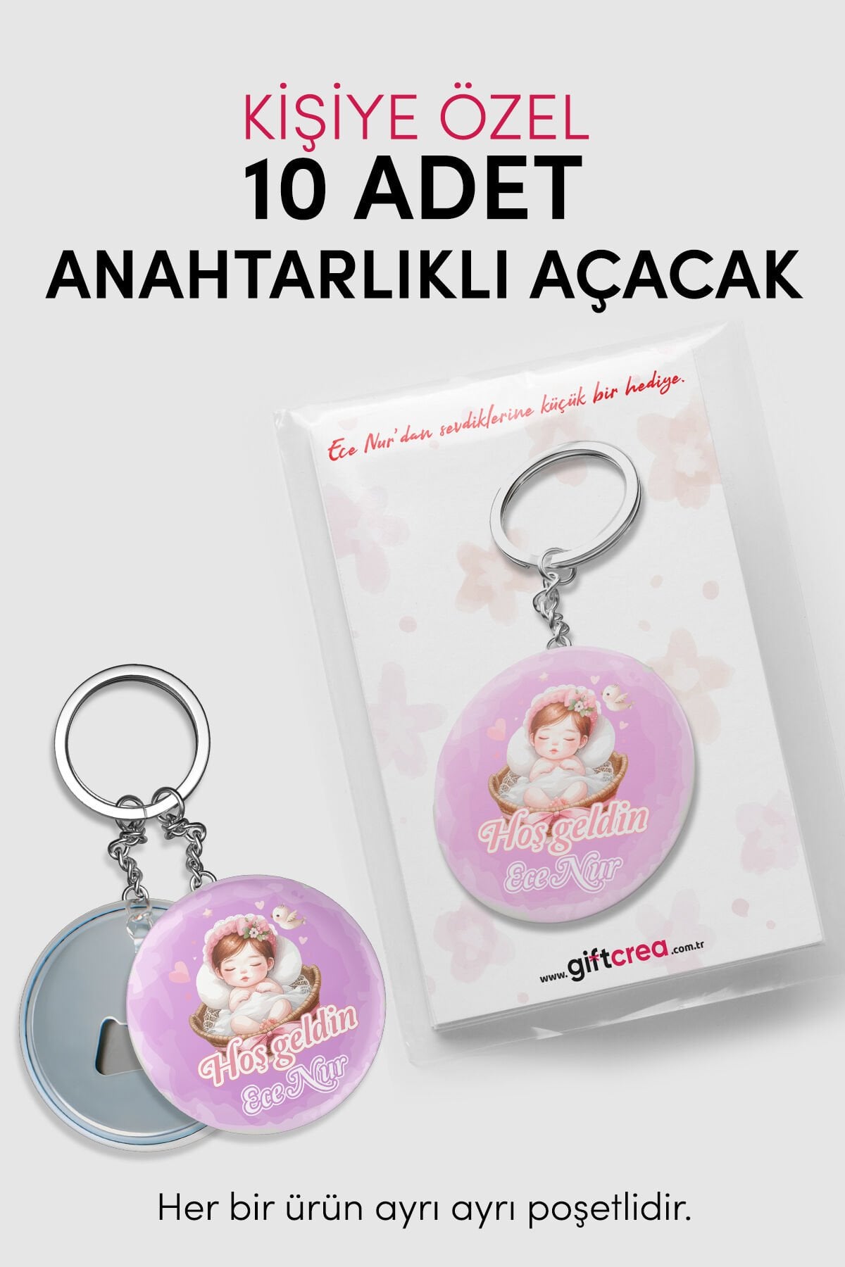 Yeni Doğan Kız Bebek İçin Hoş Geldin Anahtarlık Yuvarlak Açacaklı Tasarım Modelli 10 Adet