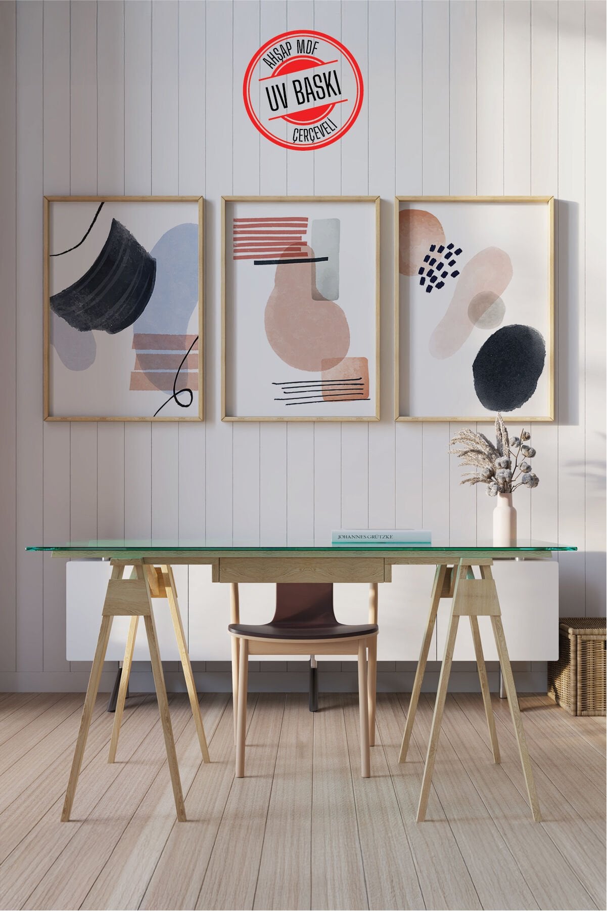 Dekoratif 3’lü  Ahşap Tablo Seti | UV Baskı Çerçeveli Duvar Tablosu V8 35x50 cm - Ahşap