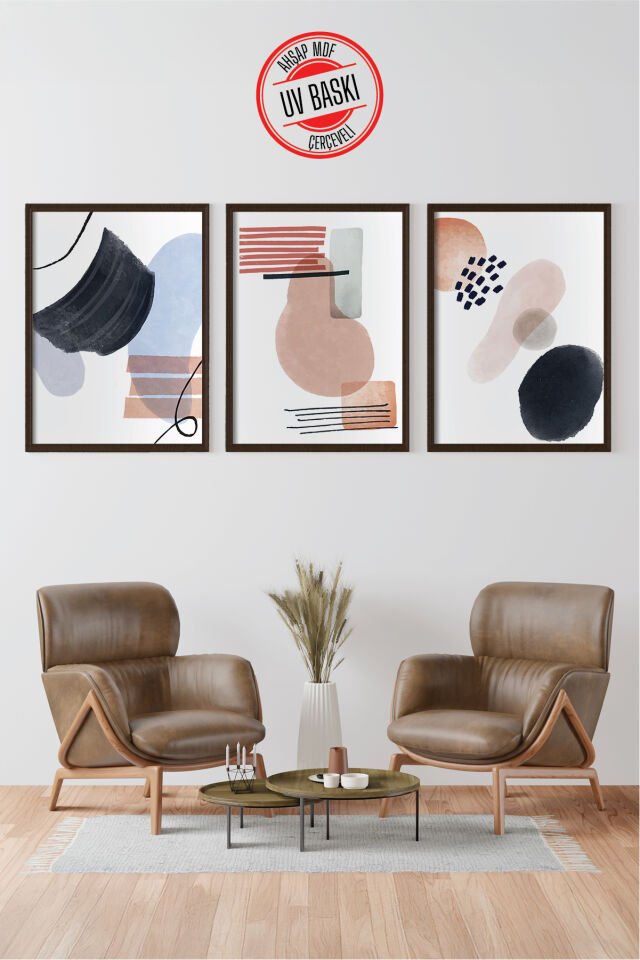 Dekoratif 3’lü  Ahşap Tablo Seti | UV Baskı Çerçeveli Duvar Tablosu V8 35x50 cm - Siyah