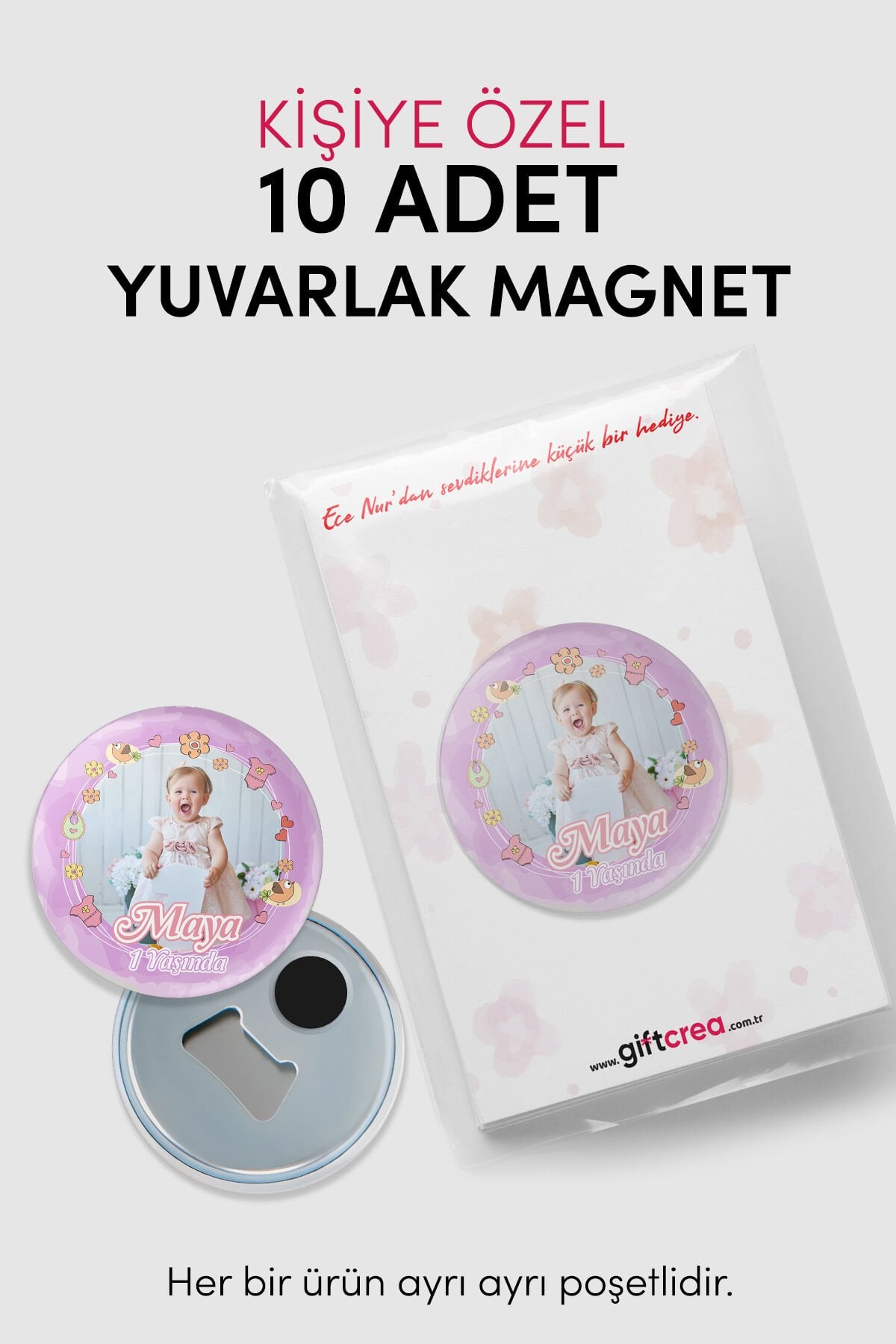 Yeni Doğan Kız Bebek İçin Hoş Geldin Magnet Yuvarlak Açacaklı Fotoğraf Baskılı 10 Adet