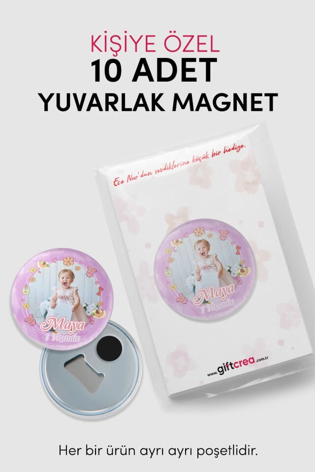 Yeni Doğan Kız Bebek İçin Hoş Geldin Magnet Yuvarlak Açacaklı Fotoğraf Baskılı 50 Adet