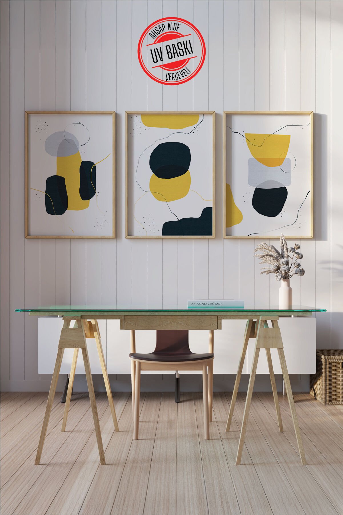 Dekoratif 3’lü  Ahşap Tablo Seti | UV Baskı Çerçeveli Duvar Tablosu V9 35x50 cm - Ahşap
