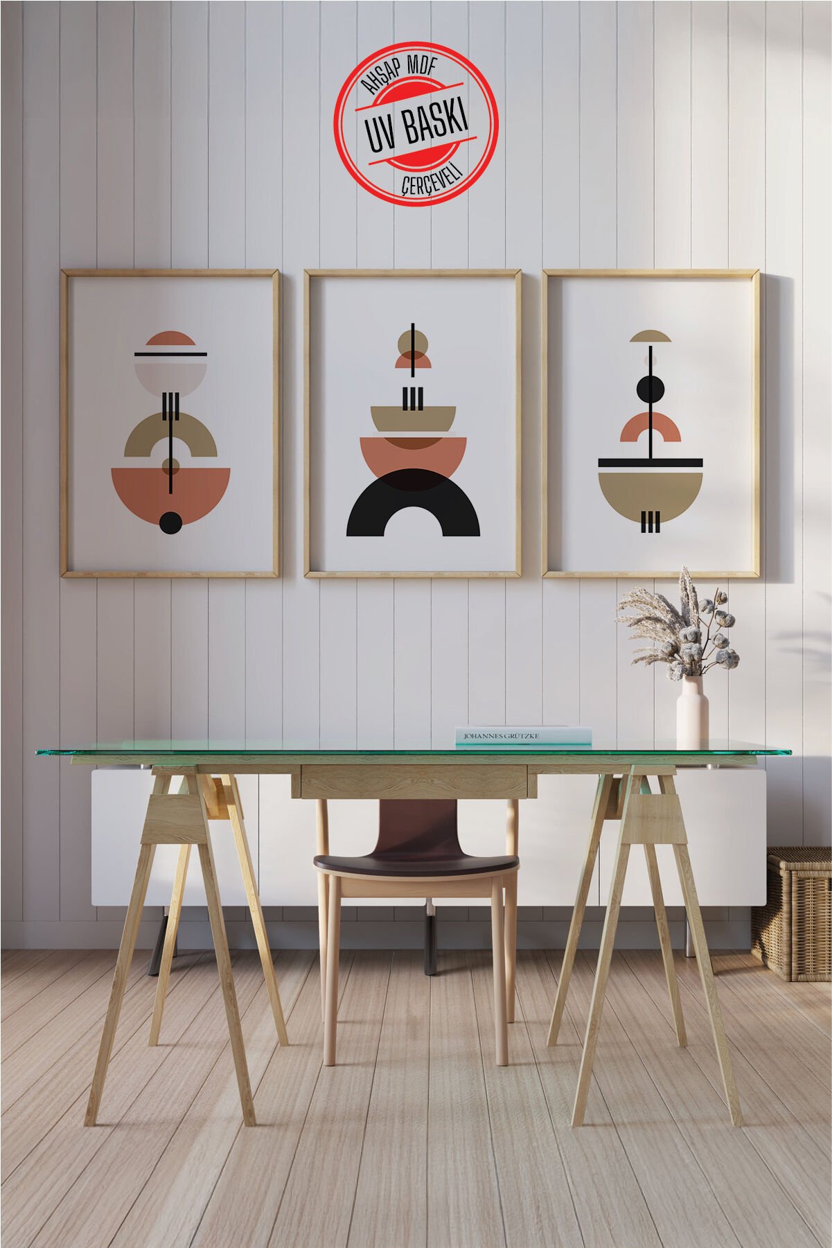 Dekoratif 3’lü  Ahşap Tablo Seti | UV Baskı Çerçeveli Duvar Tablosu V10 50x70 cm - Ahşap