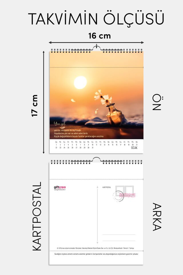 Yeni Yıl Hediye Takvimi - Mottolu, ve Kartpostallı Duvar ve Masa Tipi Seçenekli Takvim