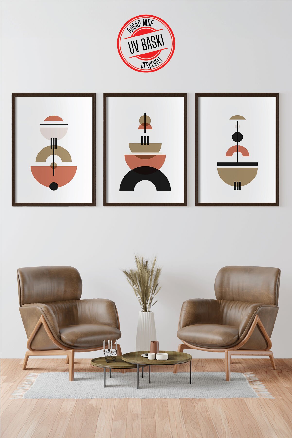 Dekoratif 3’lü  Ahşap Tablo Seti | UV Baskı Çerçeveli Duvar Tablosu V10 50x70 cm - Siyah