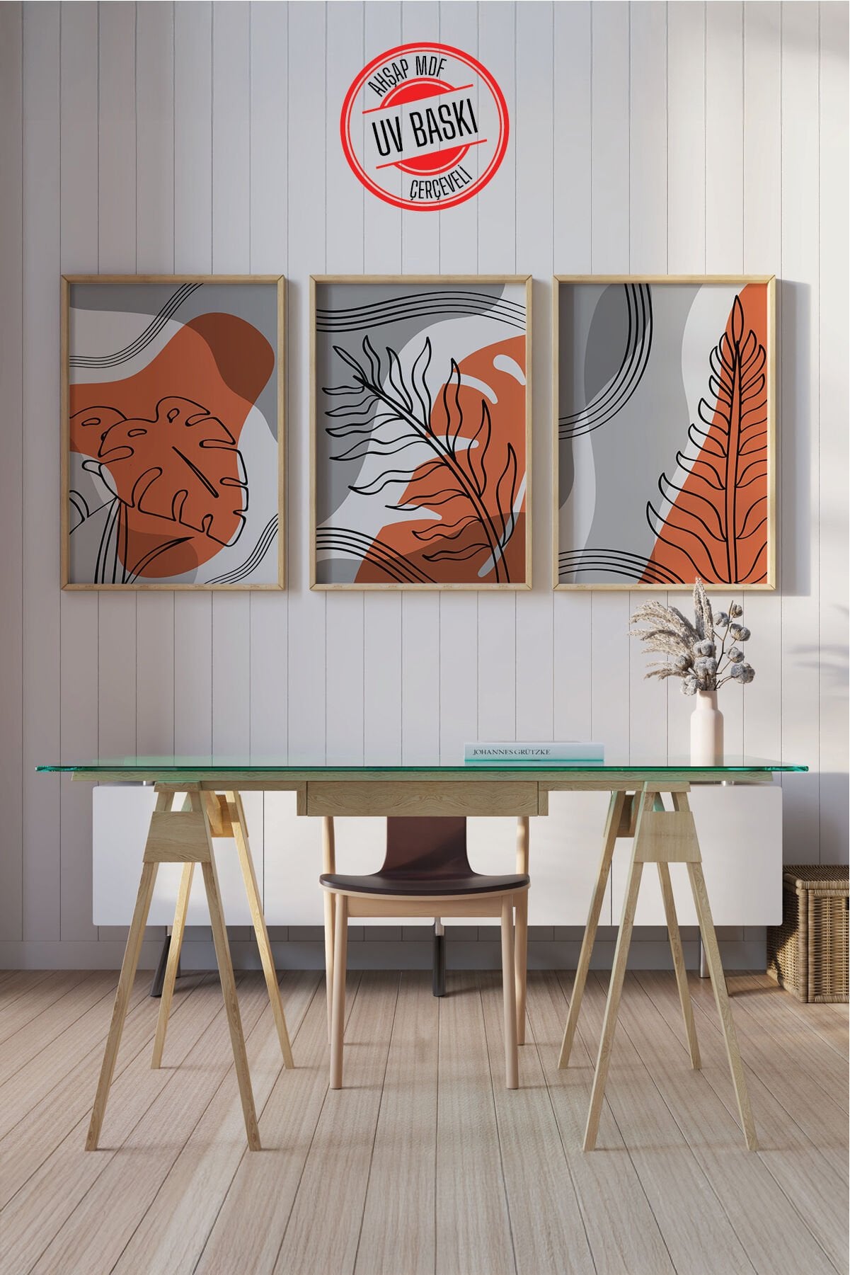 Dekoratif 3’lü  Ahşap Tablo Seti | UV Baskı Çerçeveli Duvar Tablosu V11 35x50 cm - Ahşap