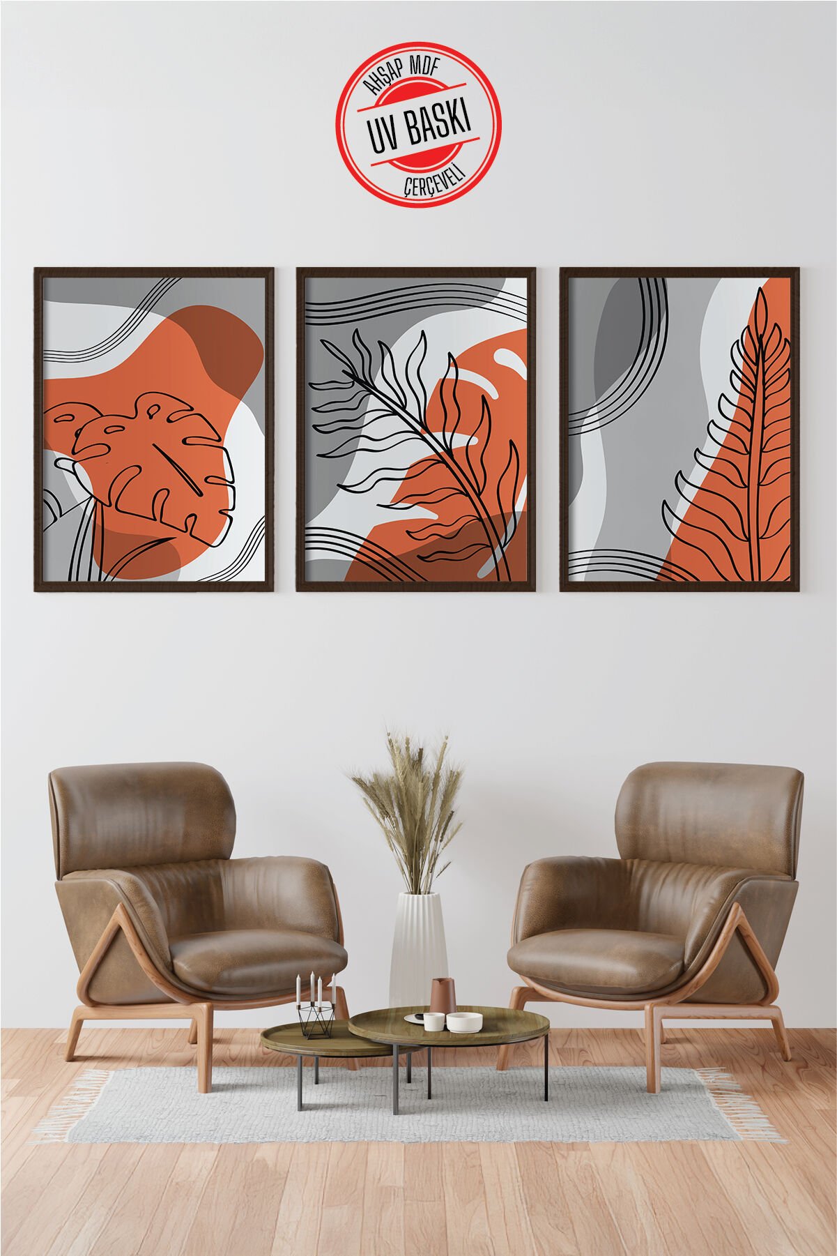 Dekoratif 3’lü  Ahşap Tablo Seti | UV Baskı Çerçeveli Duvar Tablosu V11 50x70 cm - Siyah